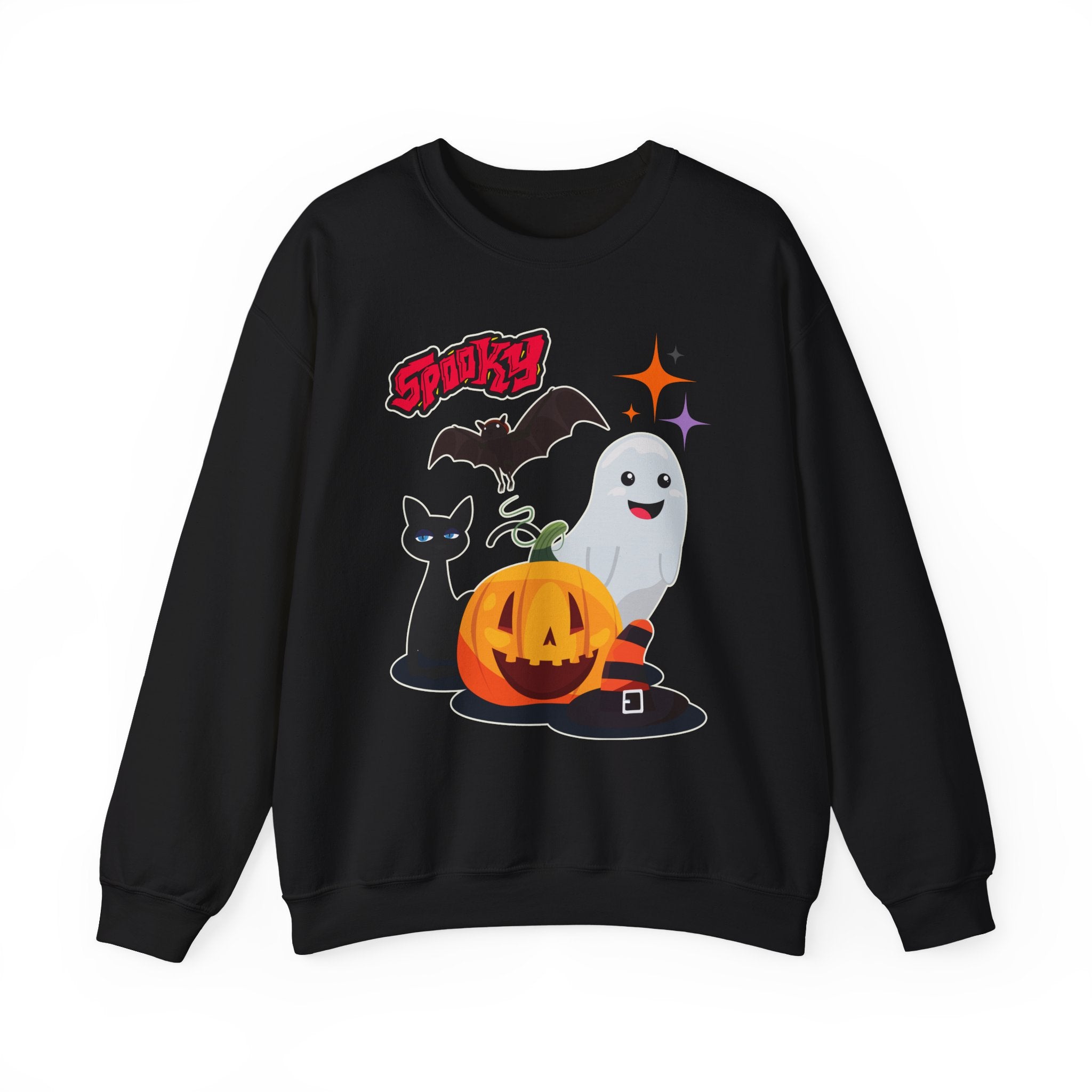 Black sweatshirt with Halloween-themed graphics on a white background