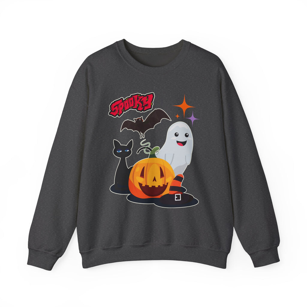 Dark heather gray sweatshirt with Halloween-themed graphics on a white background