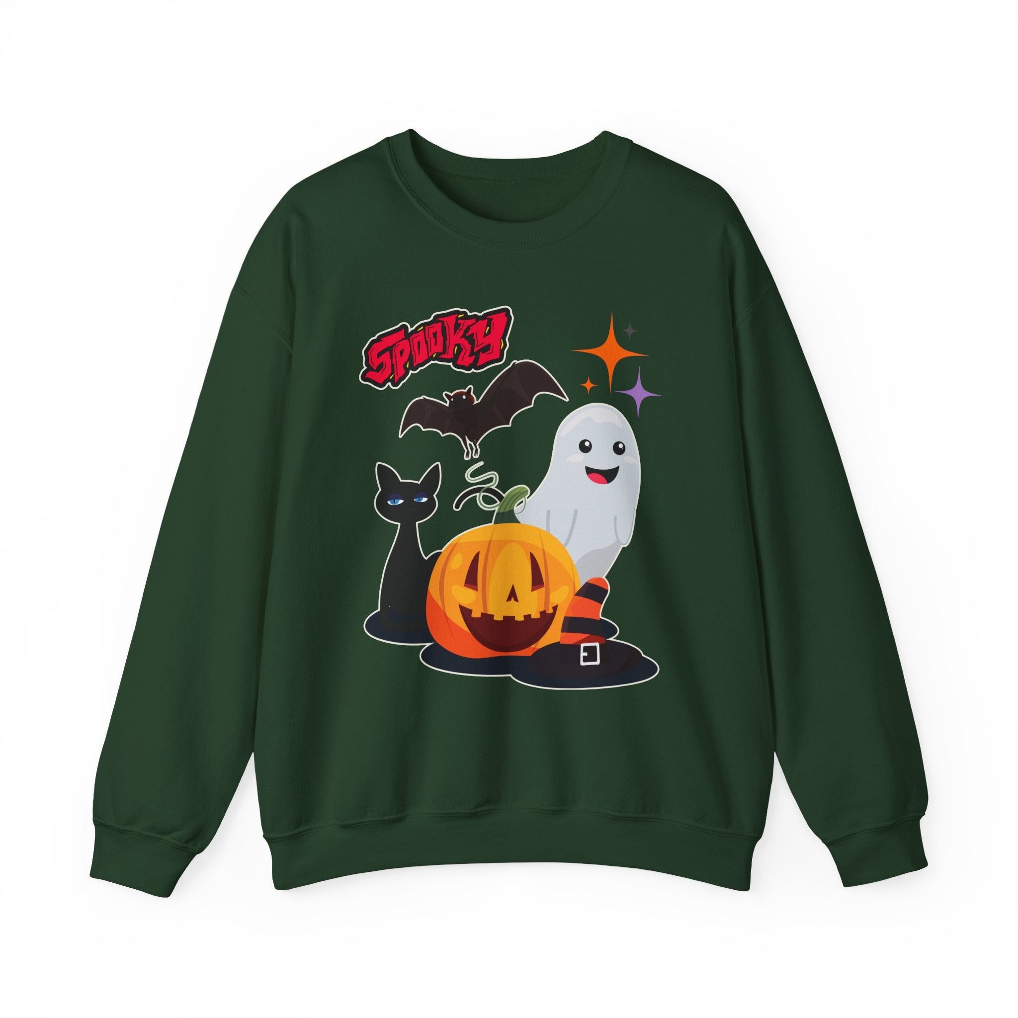 Forest green sweatshirt with Halloween-themed graphics on a white background