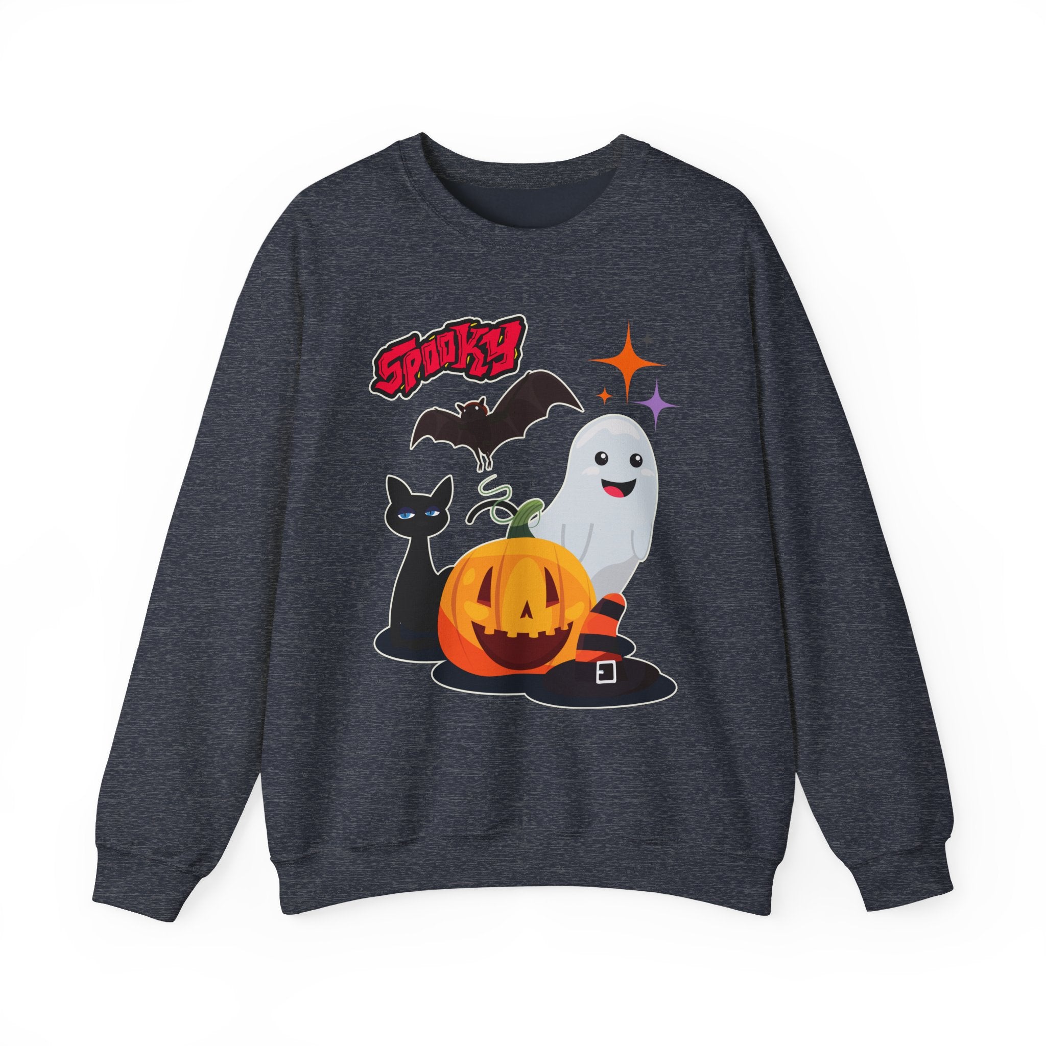 Heather sport dark navy sweatshirt with Halloween-themed design featuring a ghost, pumpkin, and cat on a white background.
