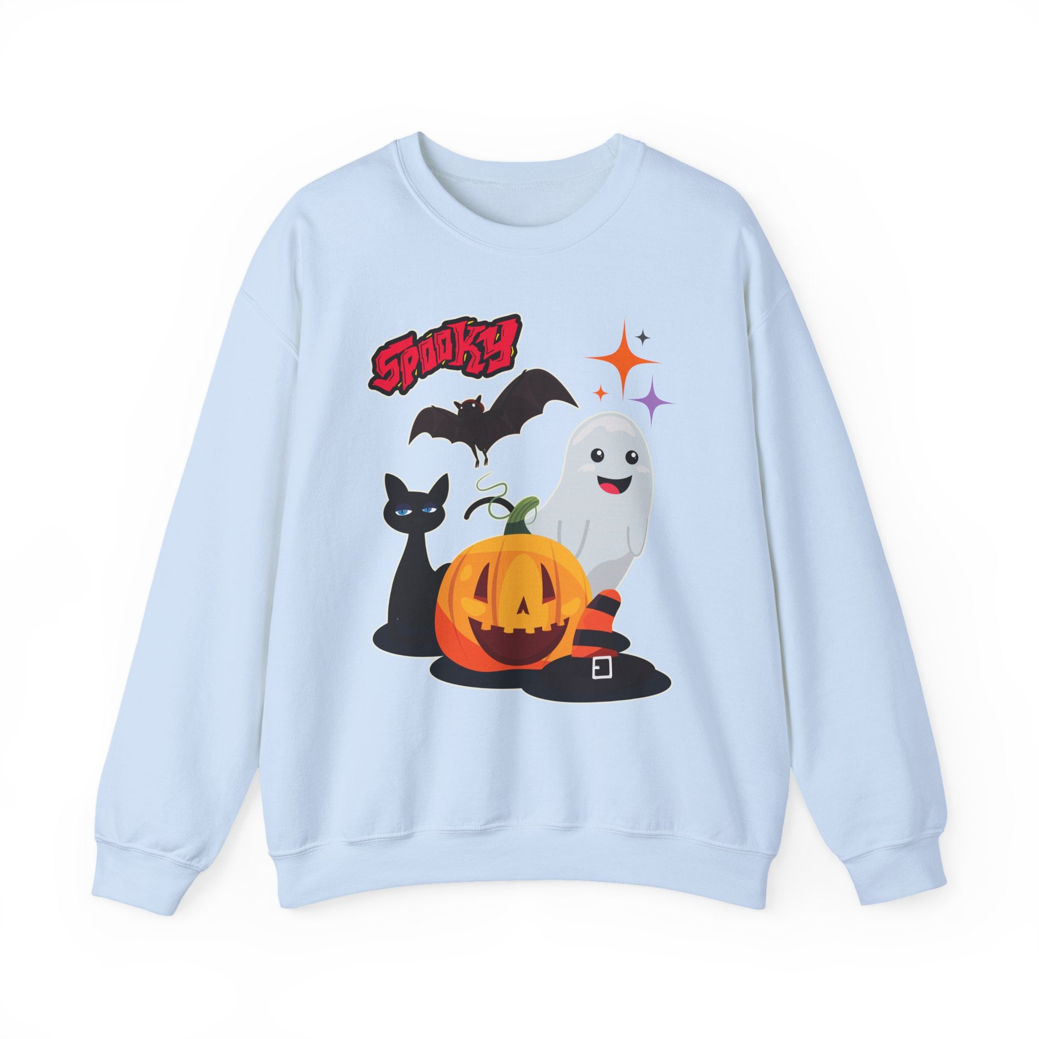 Light blue sweatshirt with Halloween-themed graphics on a white background