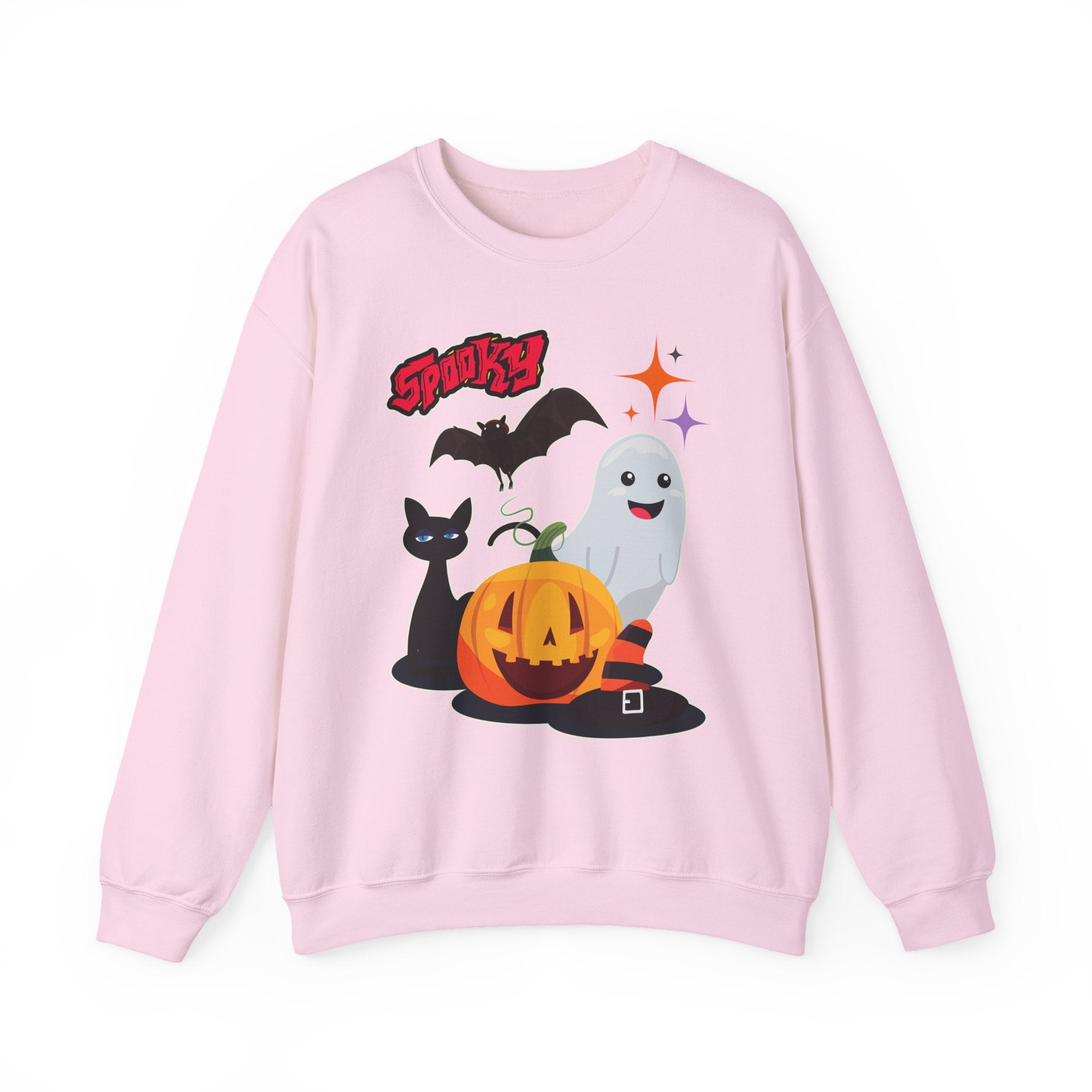 Pink sweatshirt with Halloween-themed graphics on a white background
