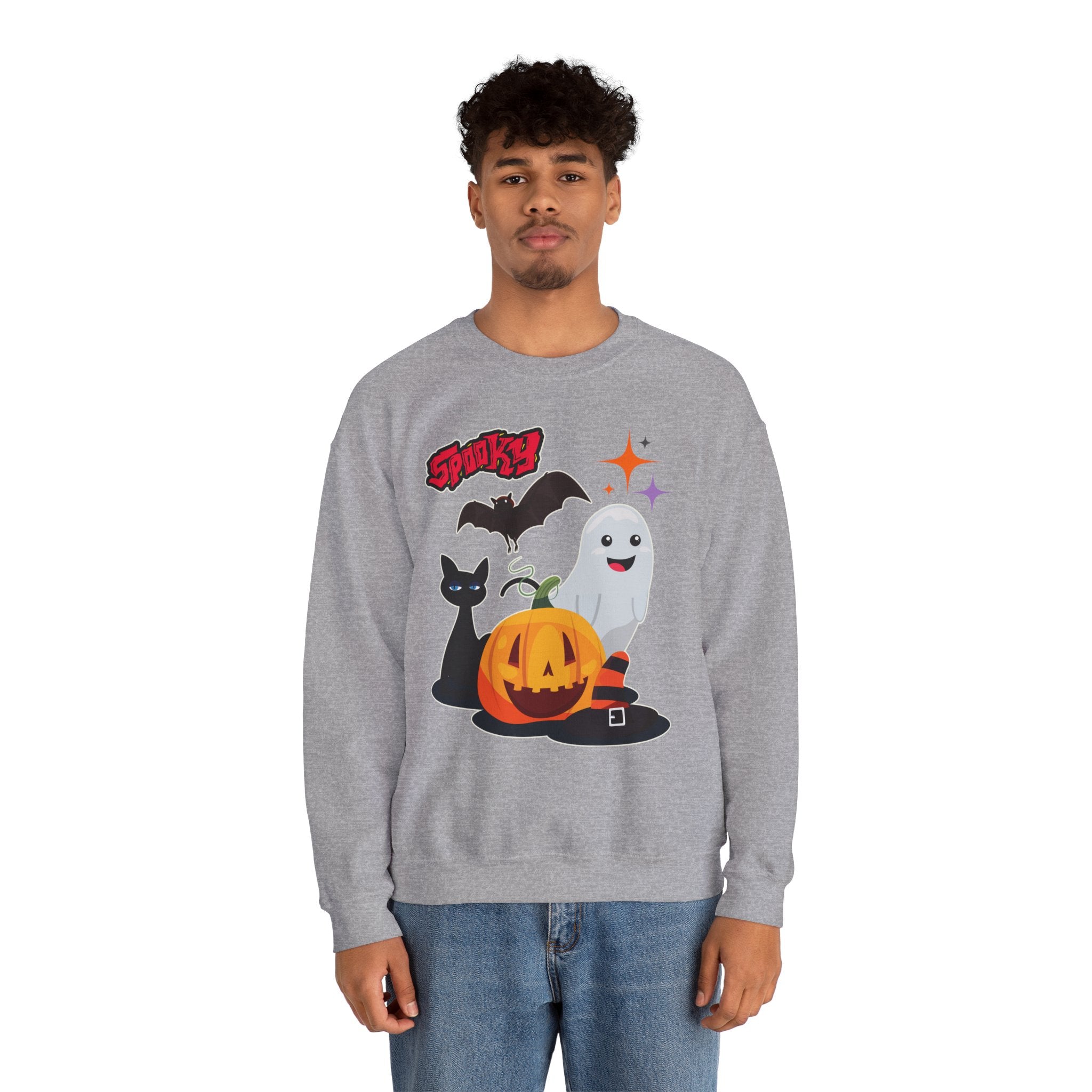 Person wearing a gray sweatshirt with Halloween-themed graphics on a white background