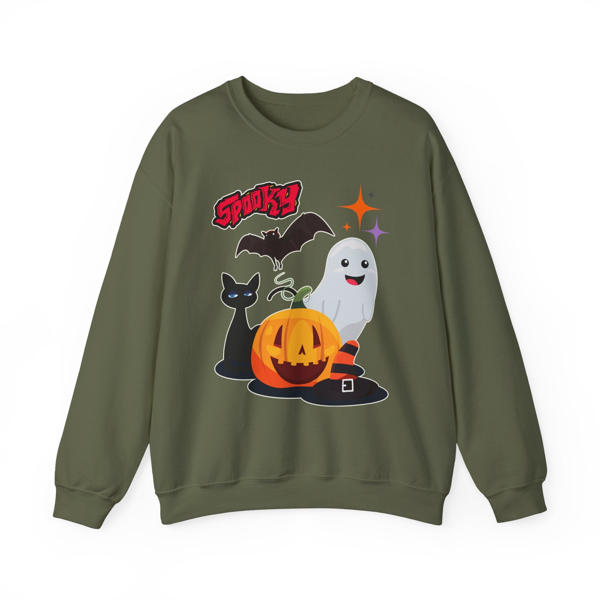 Military green sweatshirt with Halloween-themed graphics on a white background
