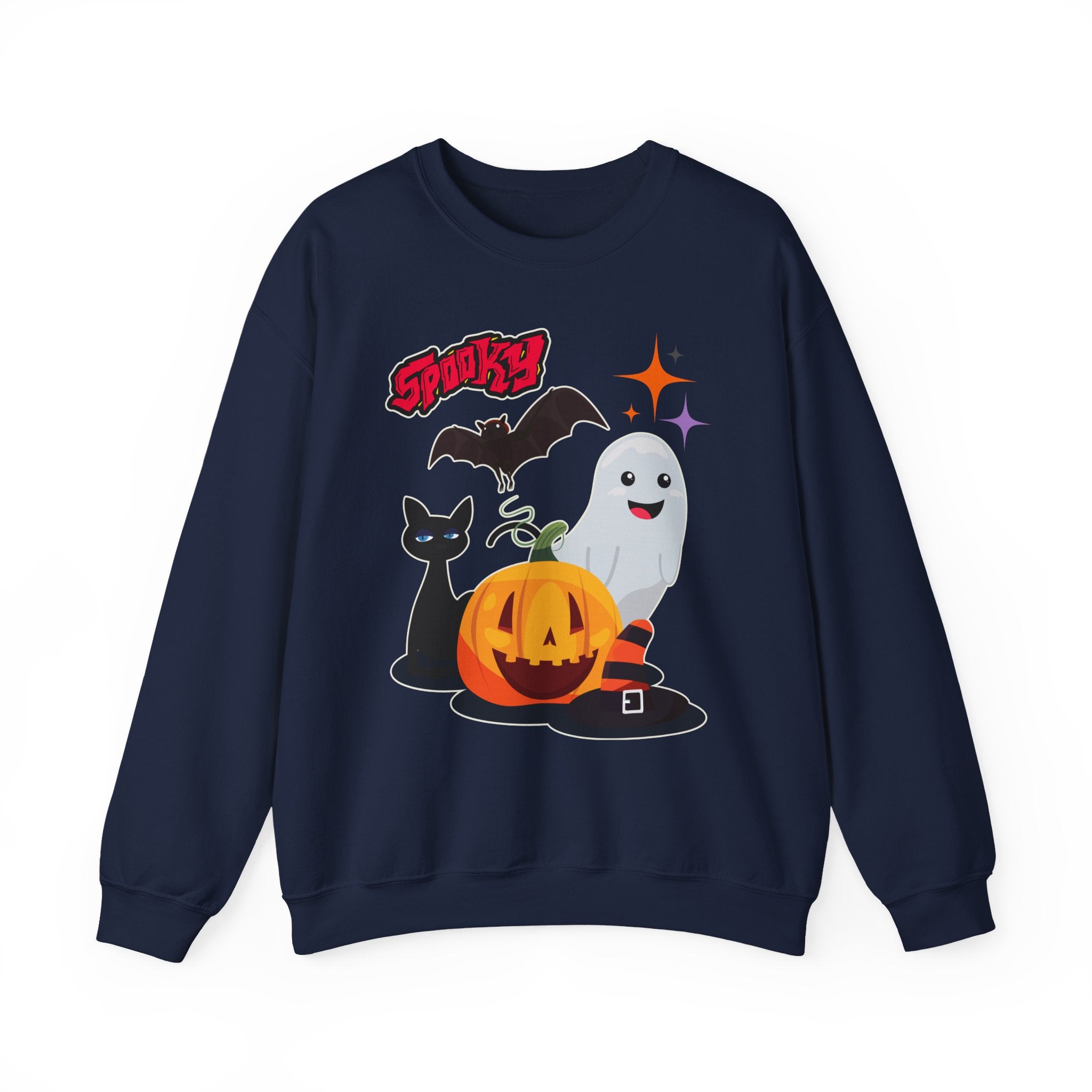 Navy blue sweatshirt with Halloween-themed design featuring a ghost, pumpkin, cat, and bat on a white background.