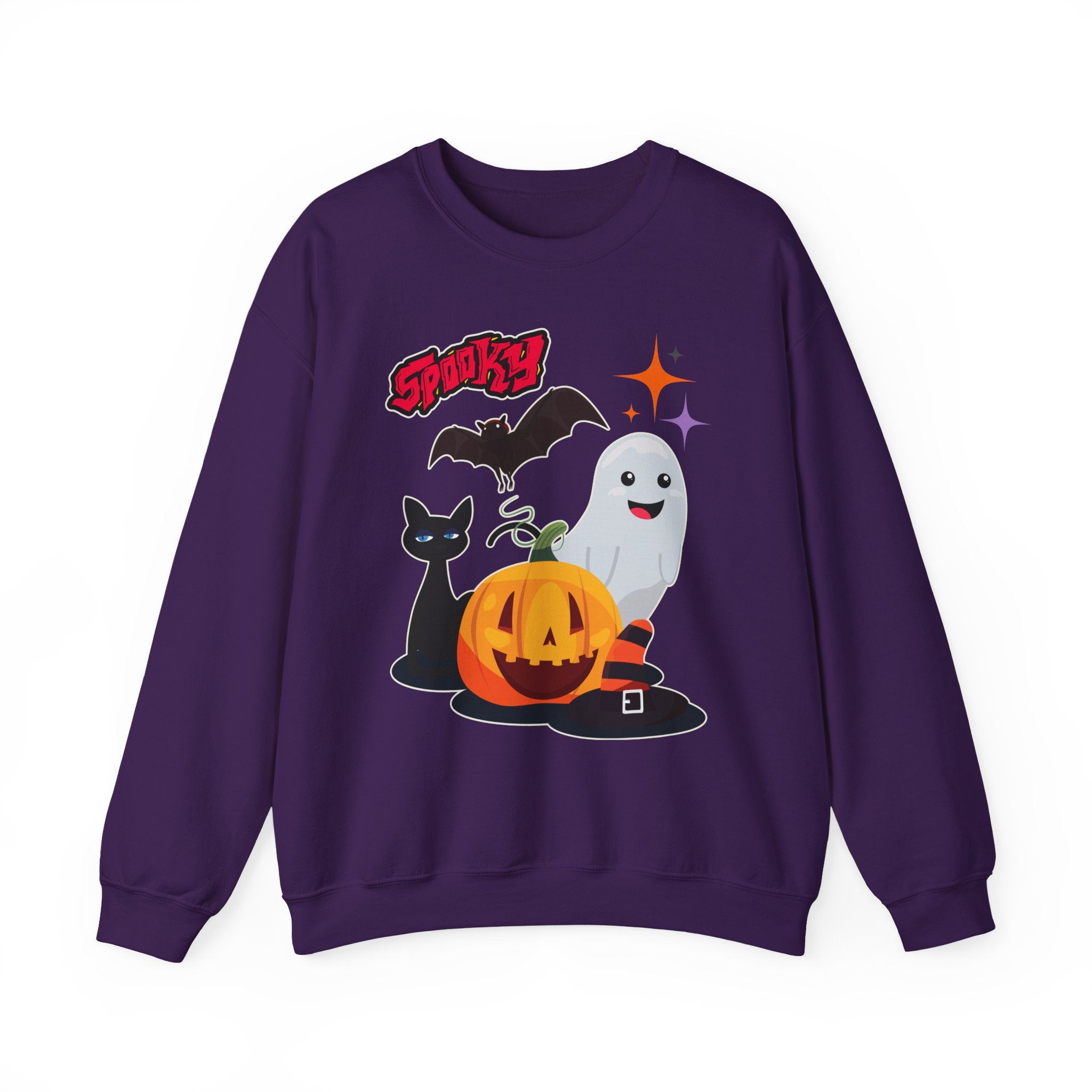 Purple sweatshirt with Halloween-themed design featuring a ghost, pumpkin, cat, and bat on a white background.