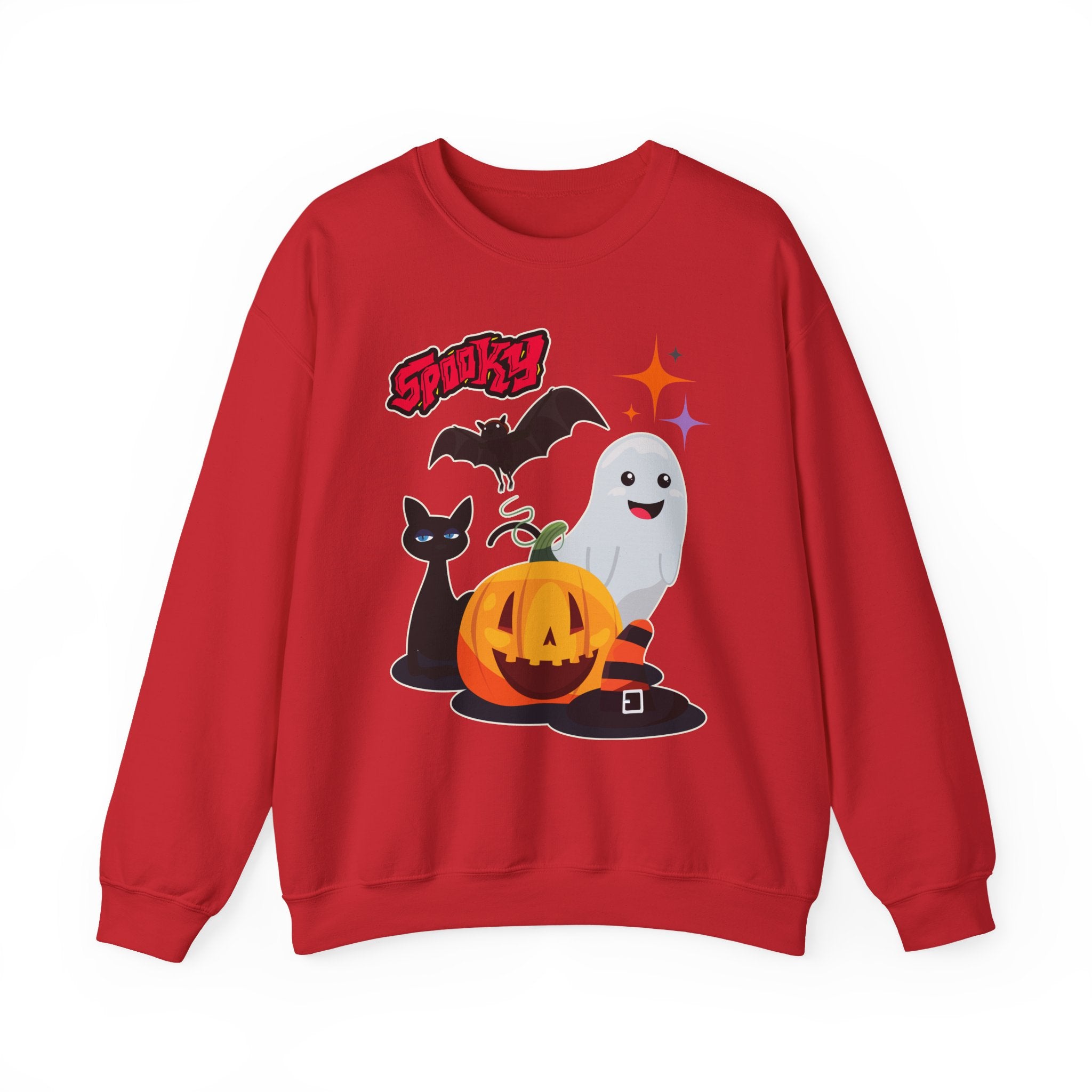 Red sweatshirt with Halloween-themed graphics on a white background
