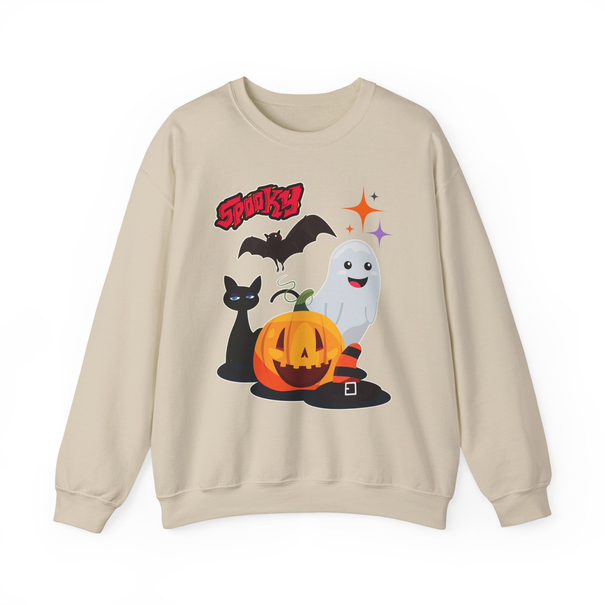 Beige sweatshirt with Halloween-themed graphics on a white background