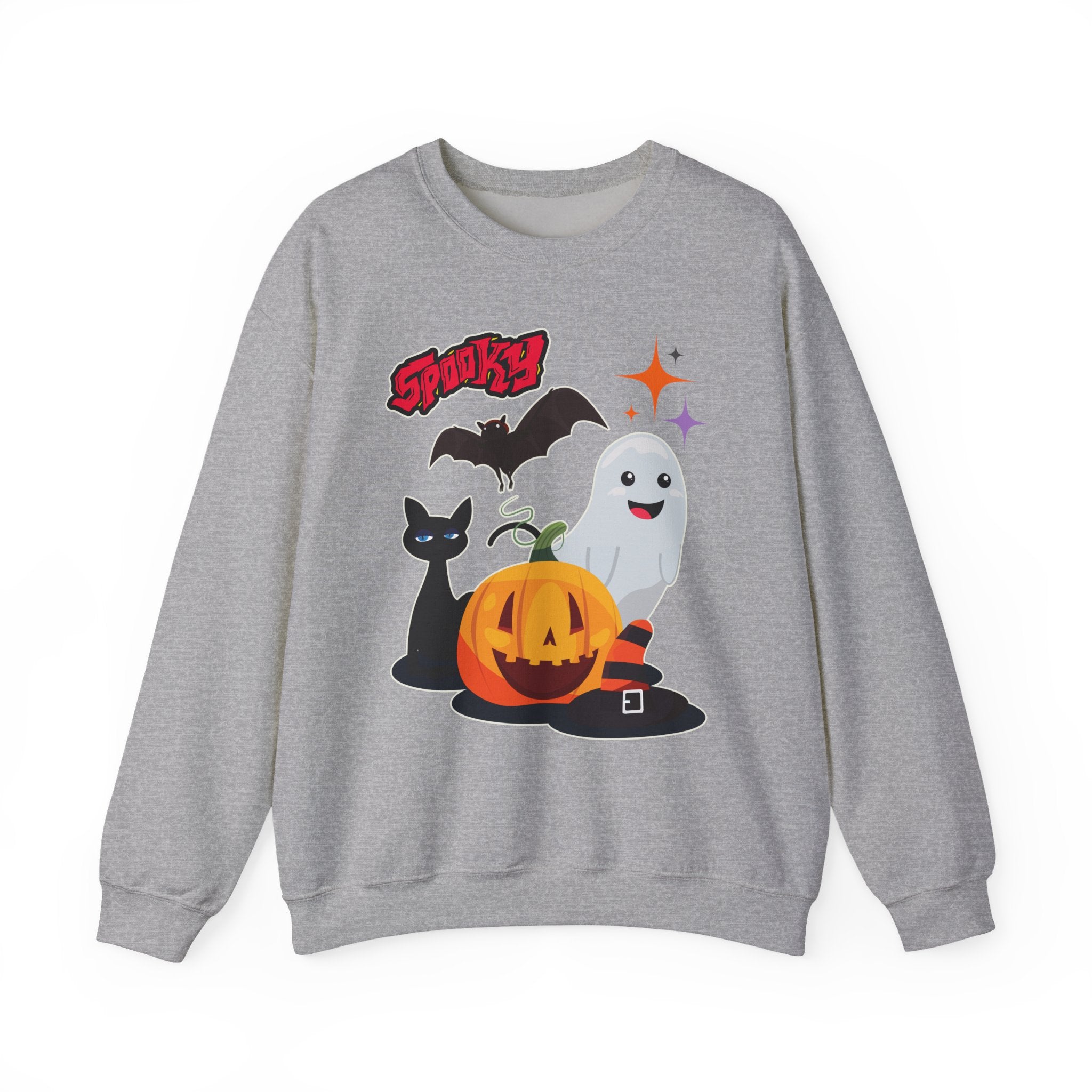 Gray sweatshirt with Halloween-themed graphics on a white background