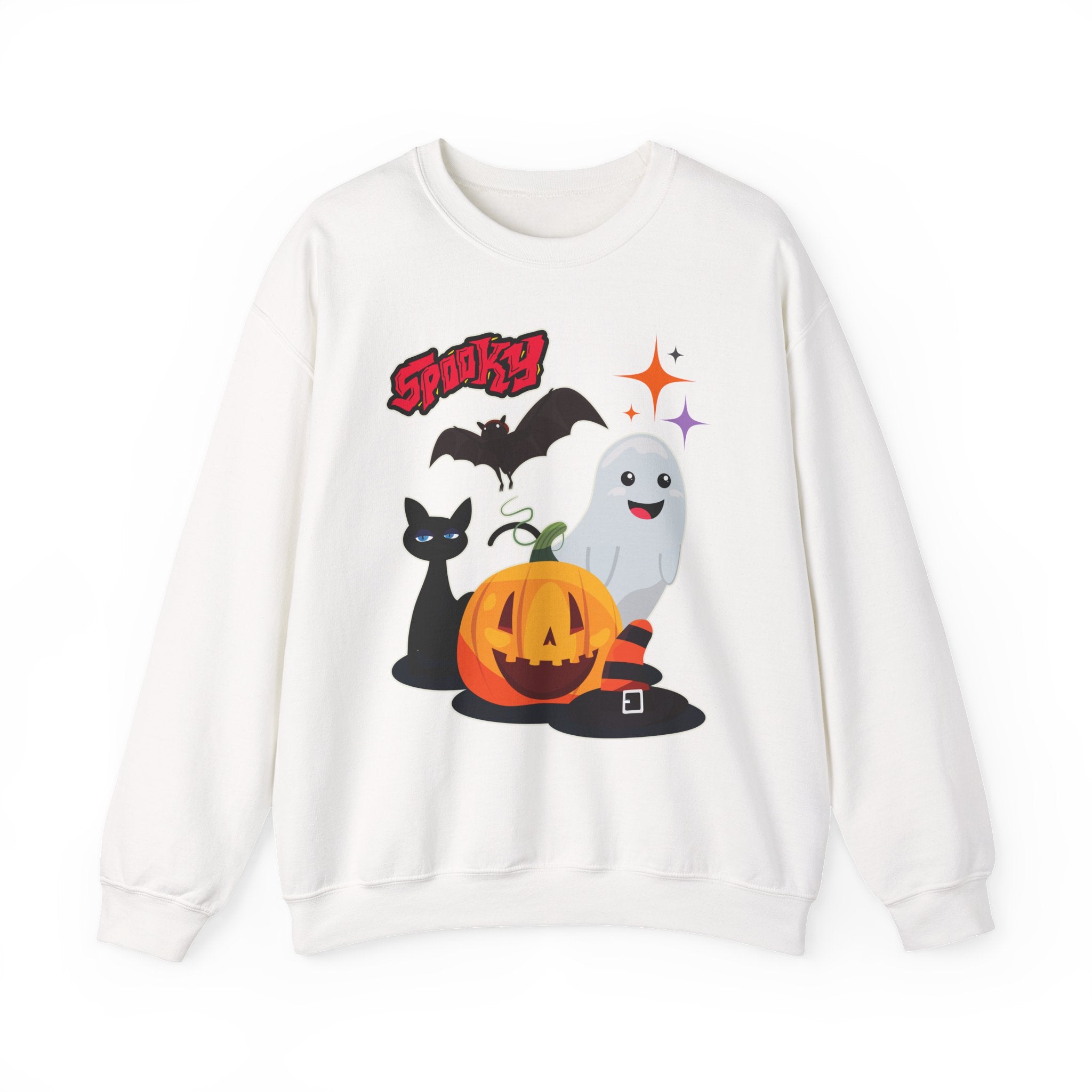 White sweatshirt with Halloween-themed graphics on a white background
