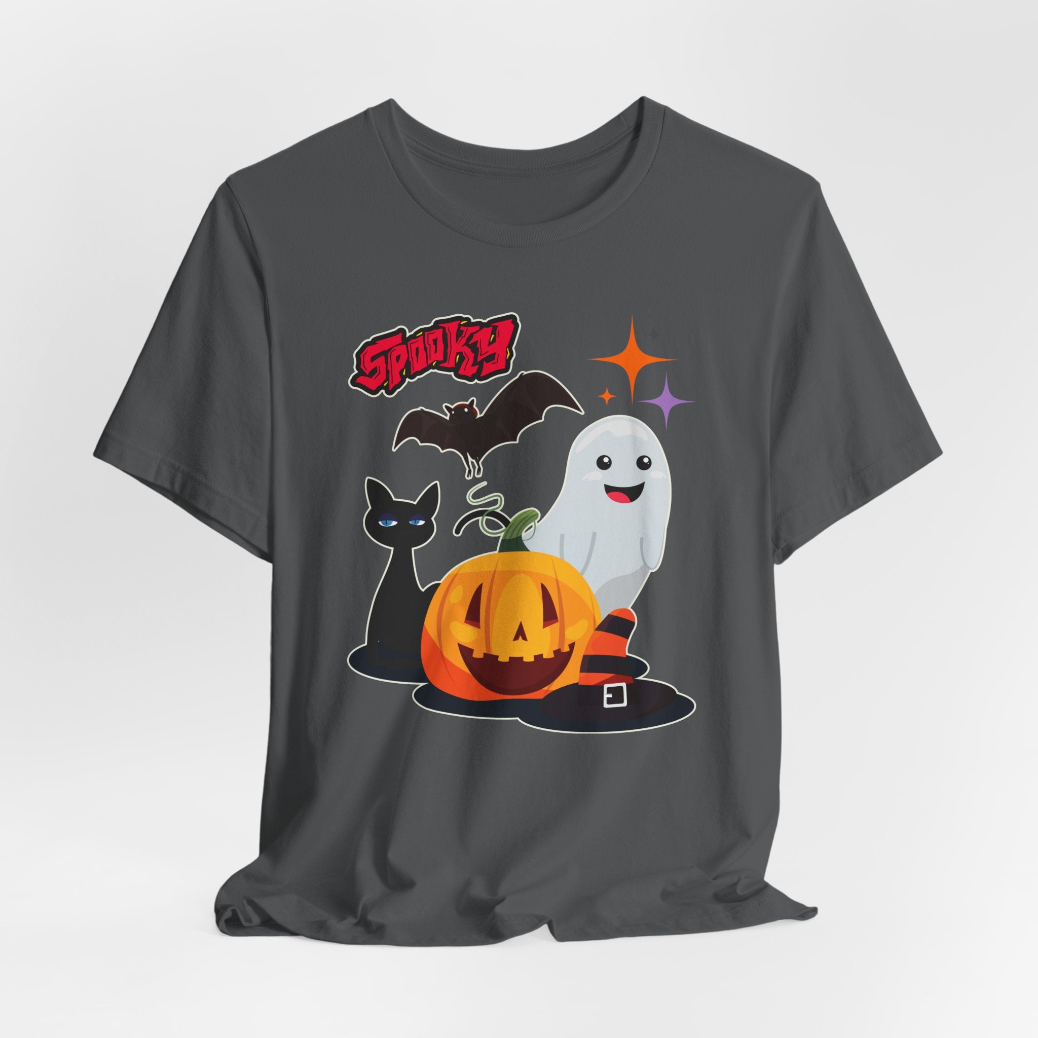 Asphalt grey t-shirt with Halloween-themed graphics featuring spooky bat, cat, pumping and ghost