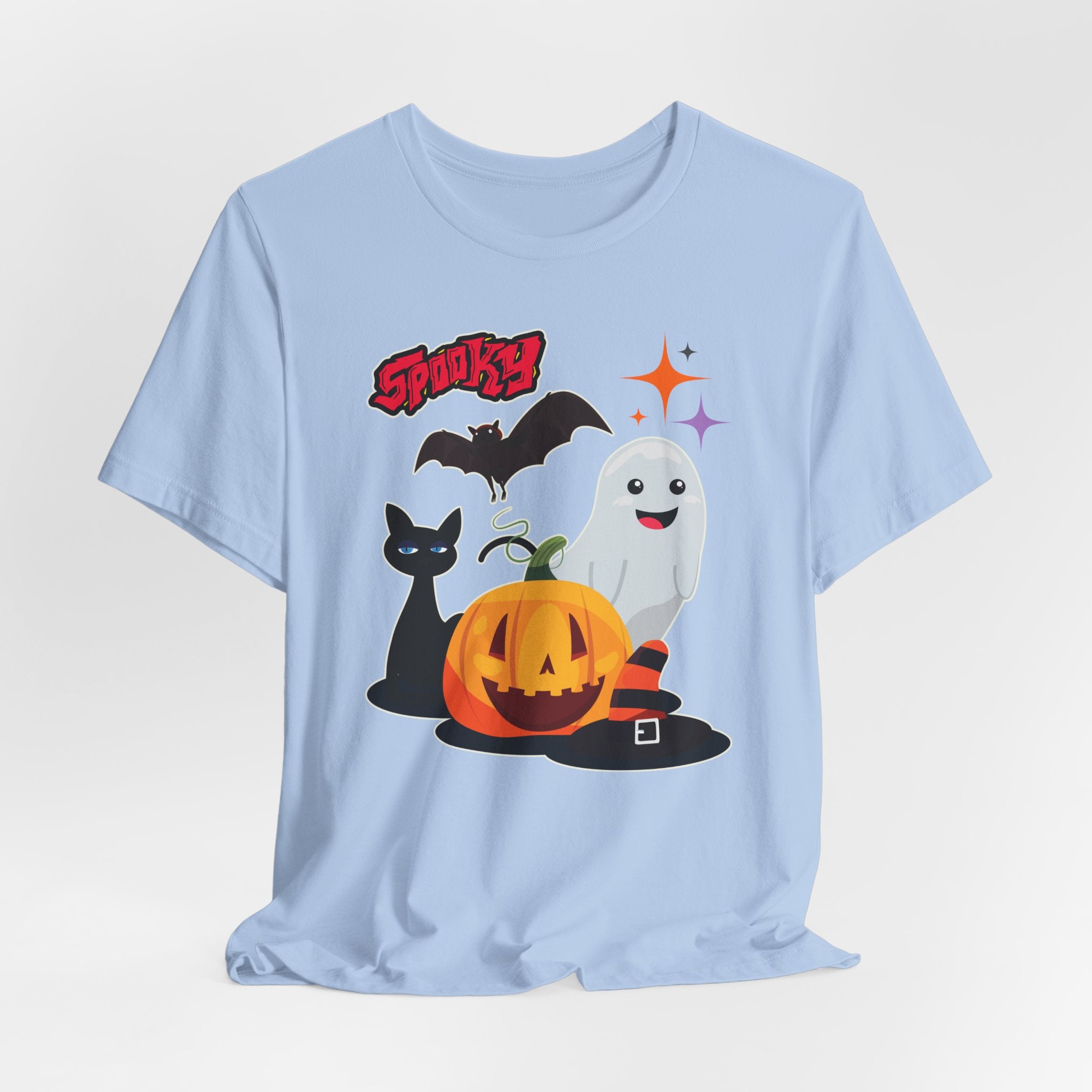 Baby light blue t-shirt with Halloween-themed graphics featuring spooky bat, cat, pumping and ghost