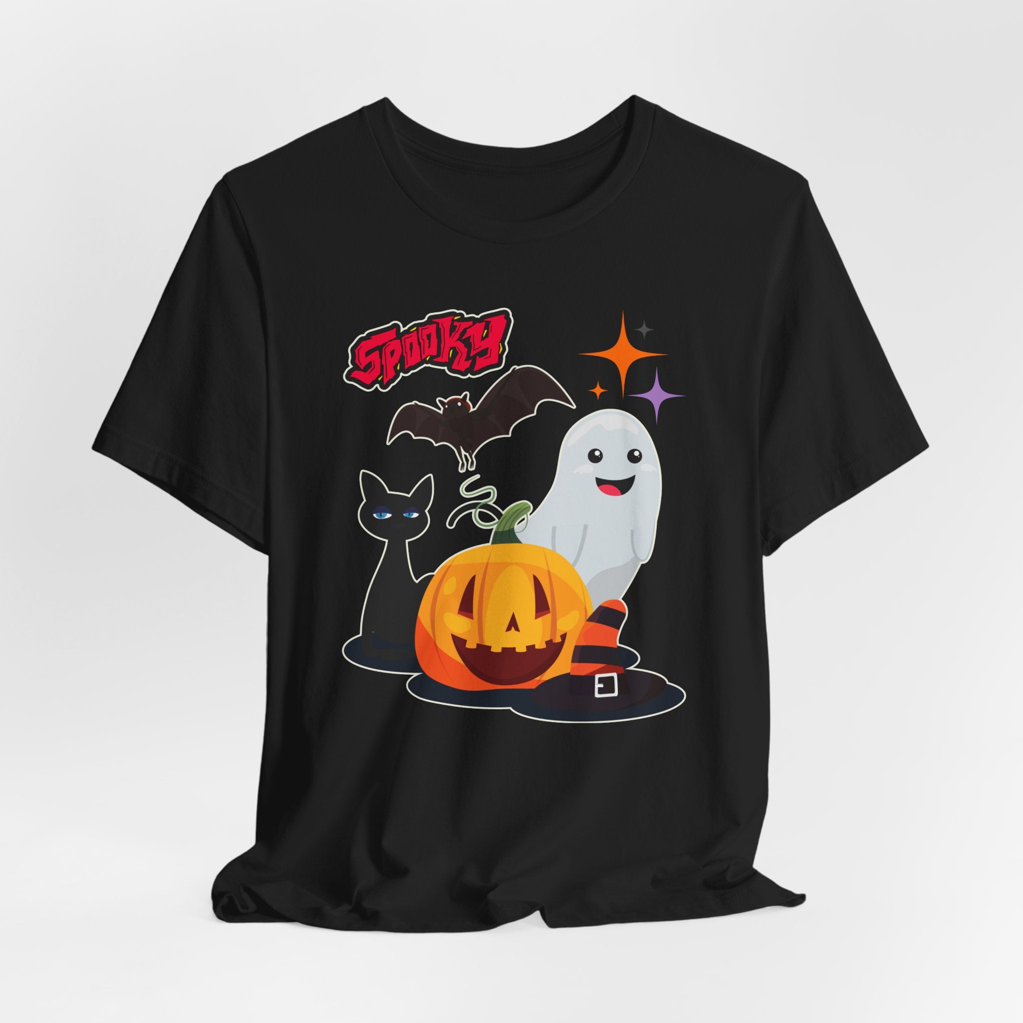 Black t-shirt with Halloween-themed graphics featuring spooky bat, cat, pumping and ghost
