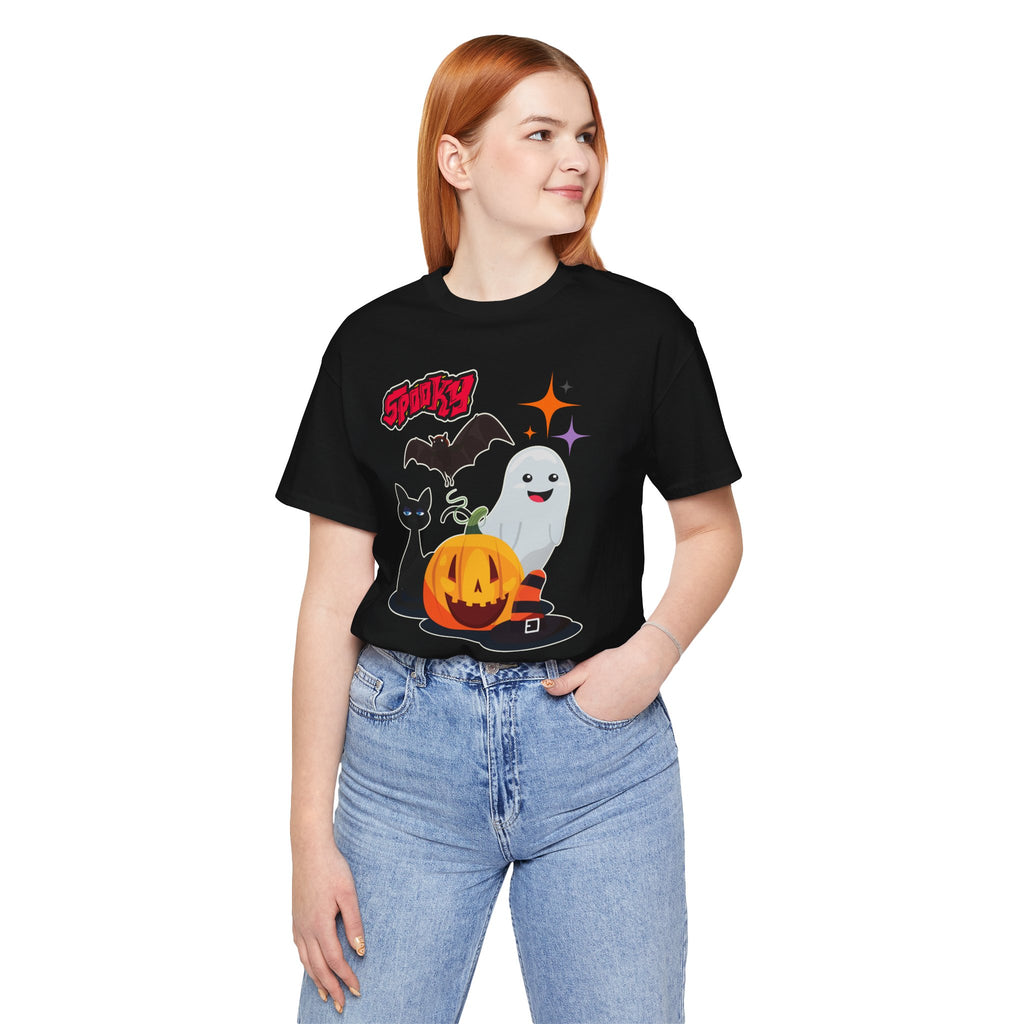 Person wearing a black t-shirt with Halloween-themed graphics on a white background
