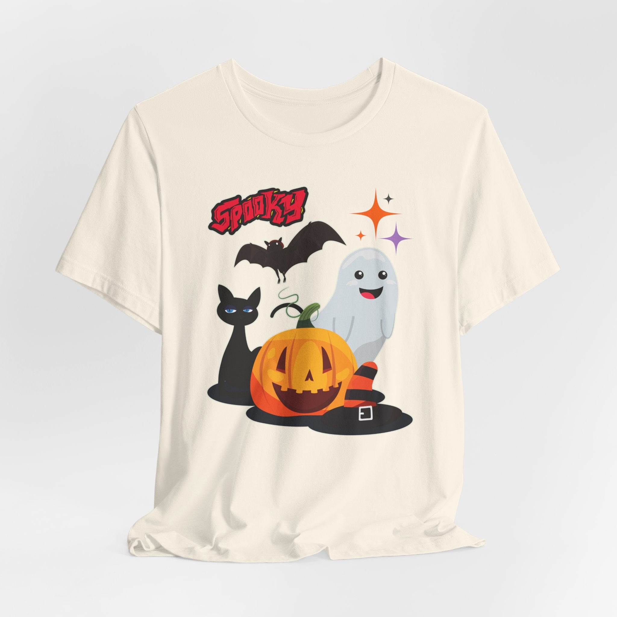 Ivory beige t-shirt with Halloween-themed graphics featuring spooky bat, cat, pumping and ghost