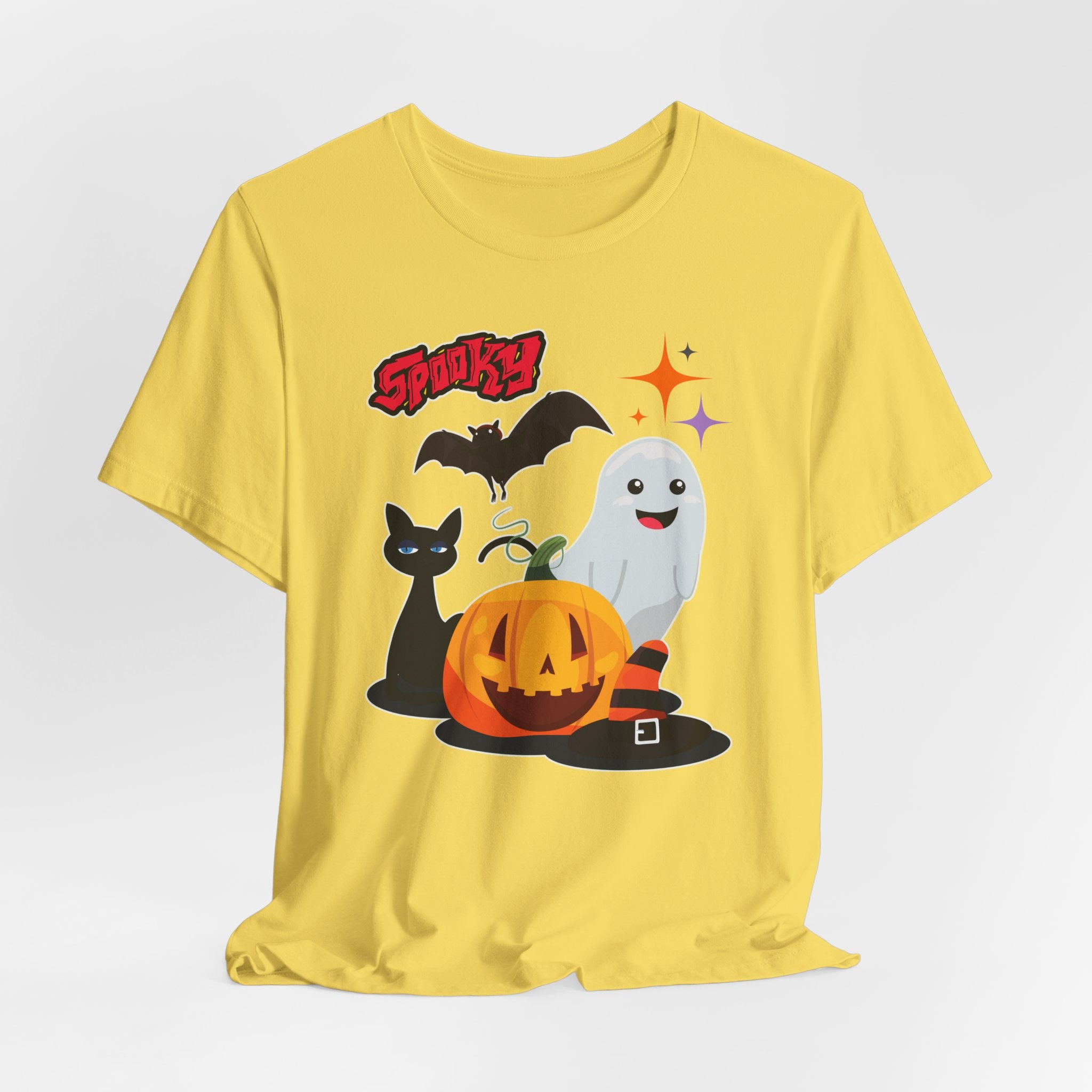 Maze yellow t-shirt with Halloween-themed graphics featuring spooky bat, cat, pumping and ghost