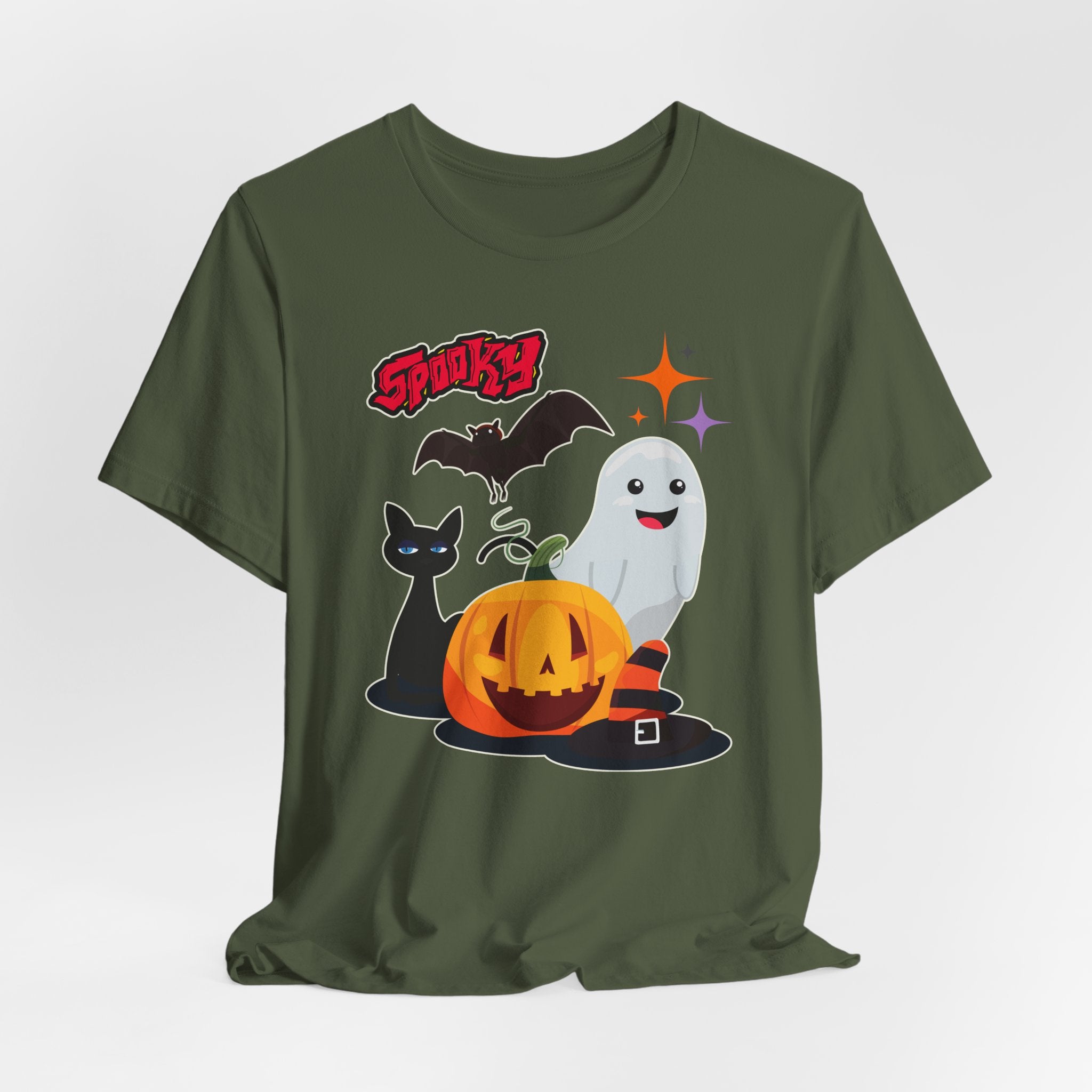 Military green t-shirt with Halloween-themed graphics featuring spooky bat, cat, pumping and ghost