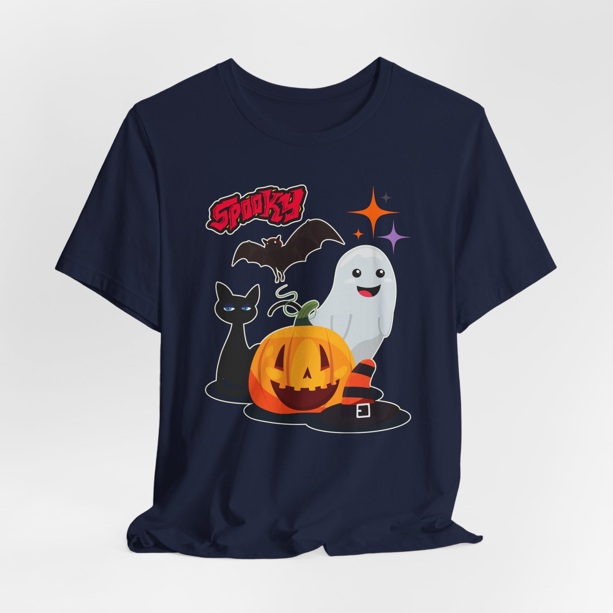 Navy blue t-shirt with Halloween-themed graphics featuring spooky bat, cat, pumping and ghost