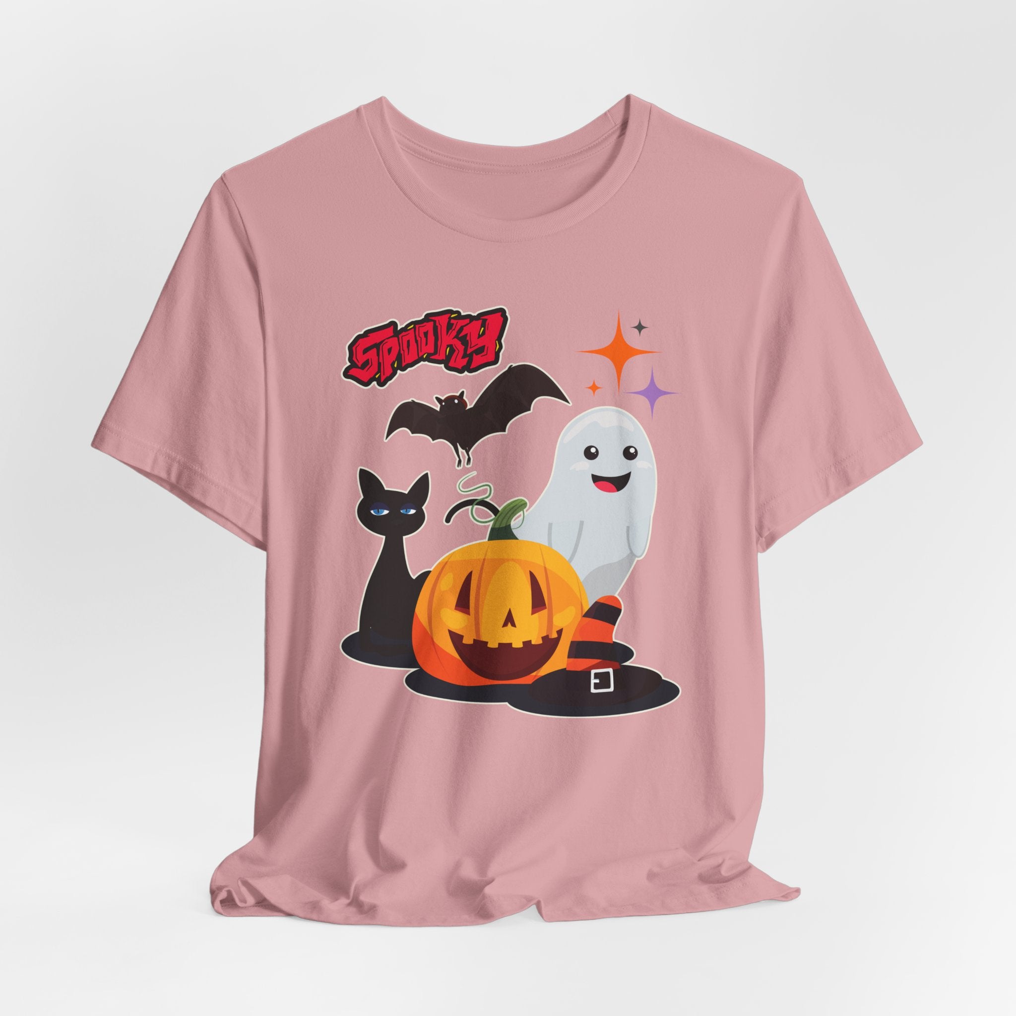 Orchid pink t-shirt with Halloween-themed graphics featuring spooky bat, cat, pumping and ghost