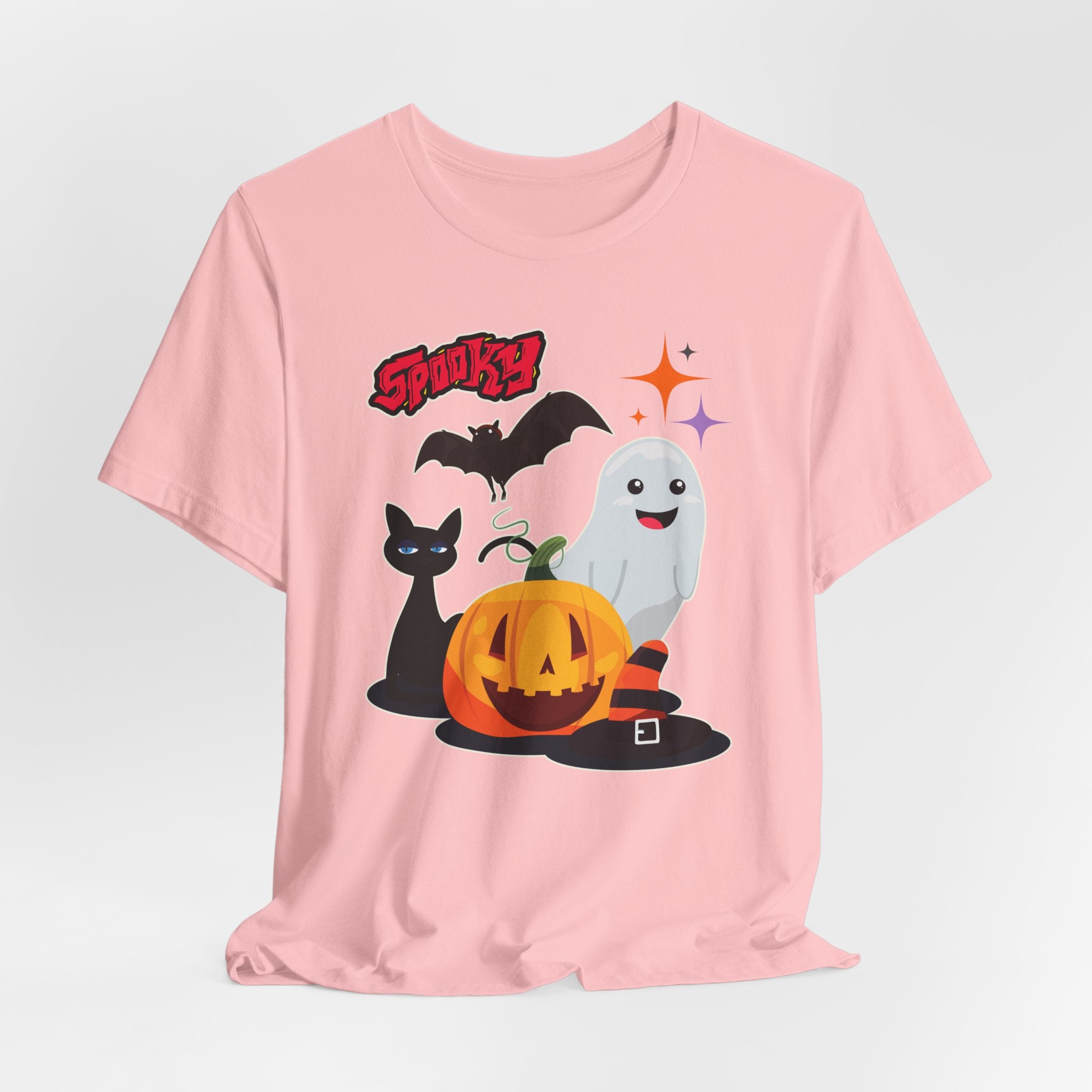 Pink t-shirt with Halloween-themed graphics featuring spooky bat, cat, pumping and ghost
