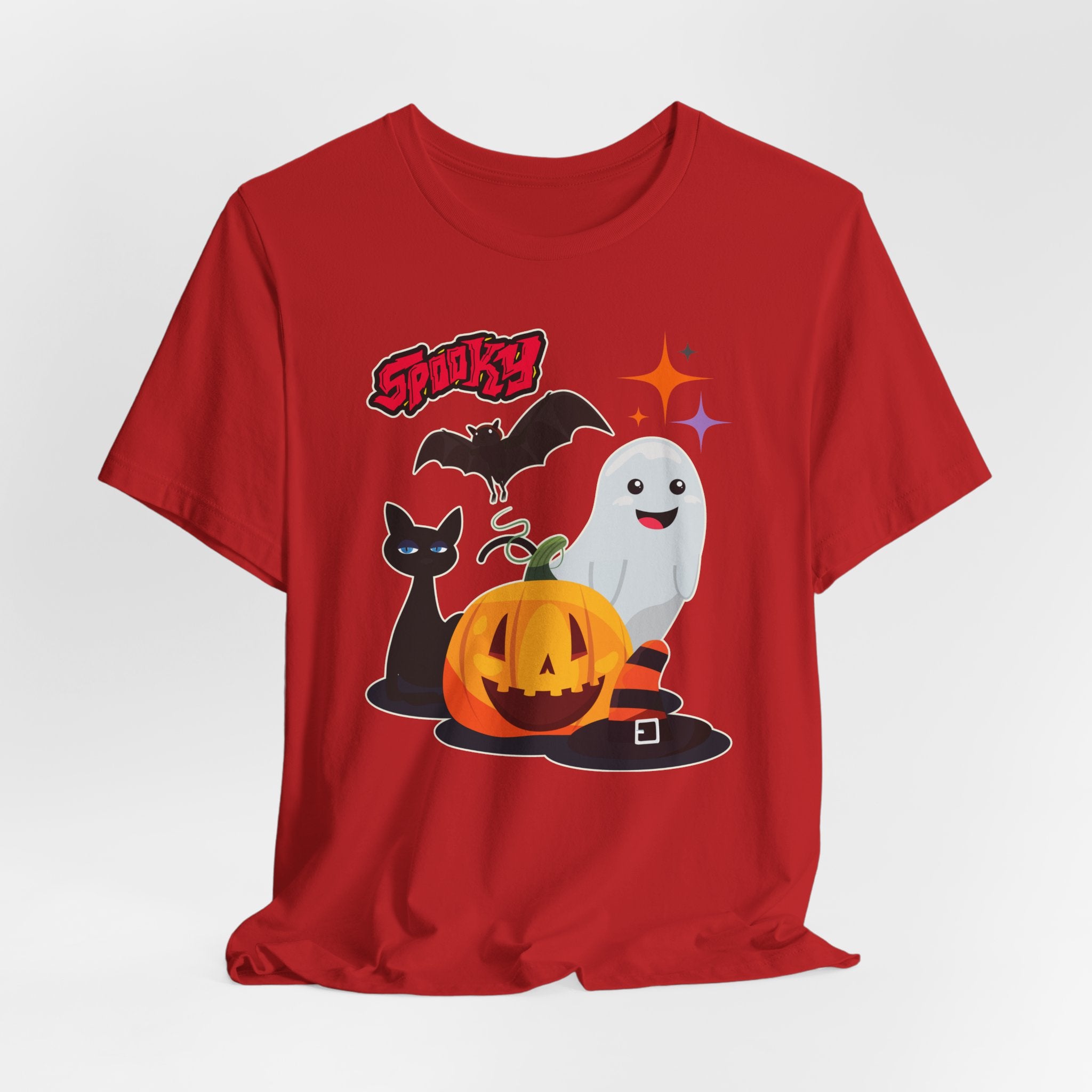 Red t-shirt with Halloween-themed graphics featuring spooky bat, cat, pumping and ghost