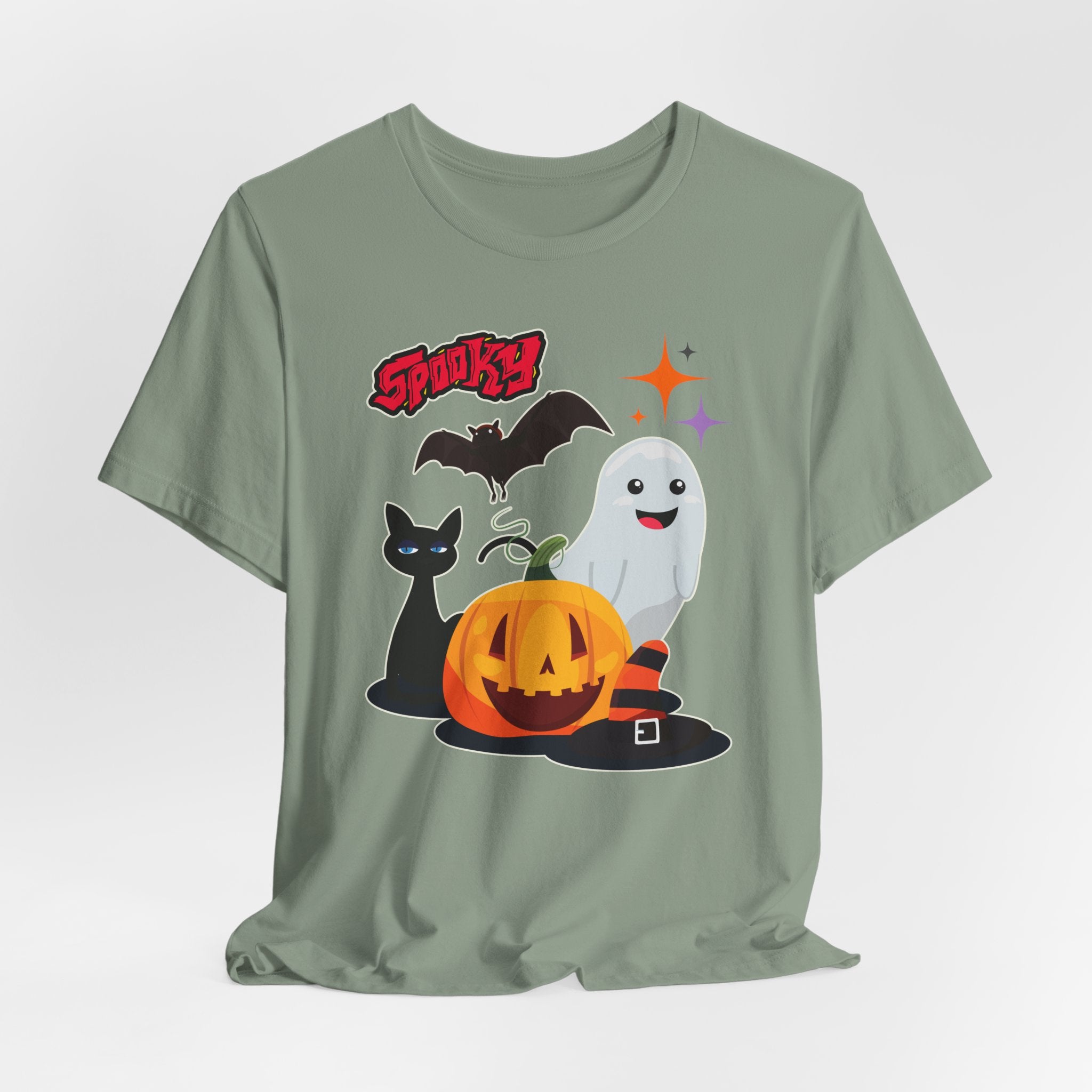 Sage green t-shirt with Halloween-themed graphics featuring spooky bat, cat, pumping and ghost