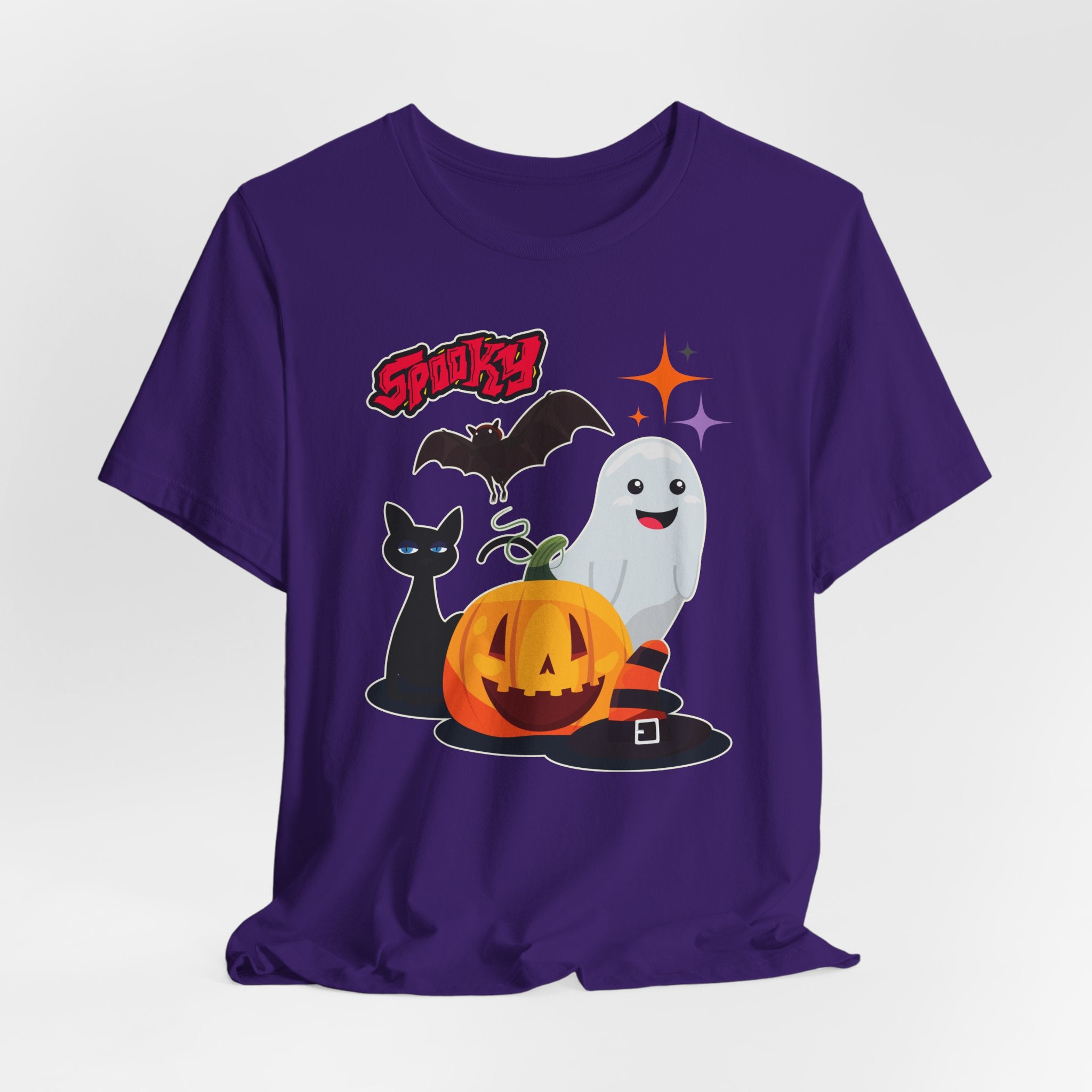Team purple t-shirt with Halloween-themed graphics featuring spooky bat, cat, pumping and ghost