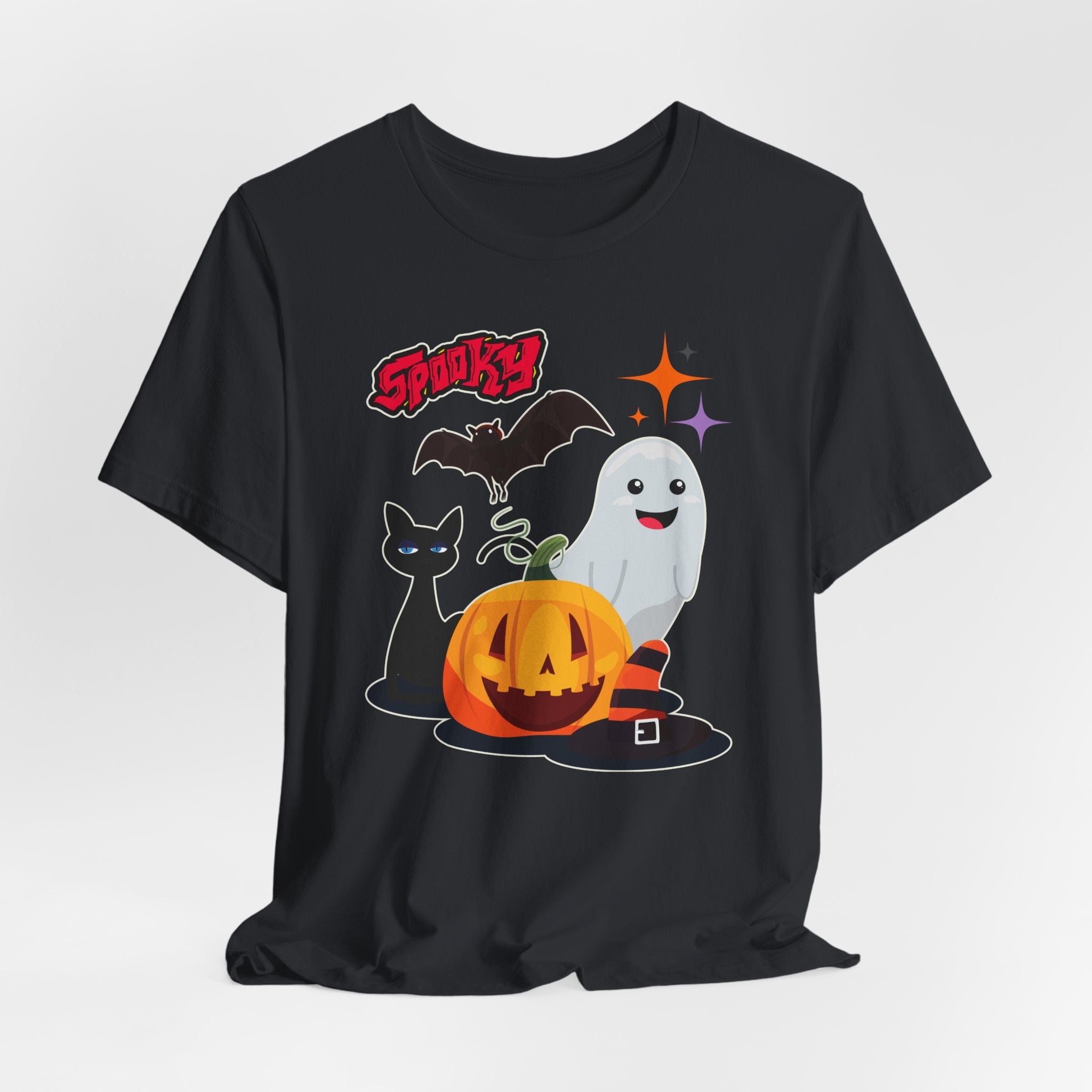Vintage black t-shirt with Halloween-themed graphics featuring spooky bat, cat, pumping and ghost