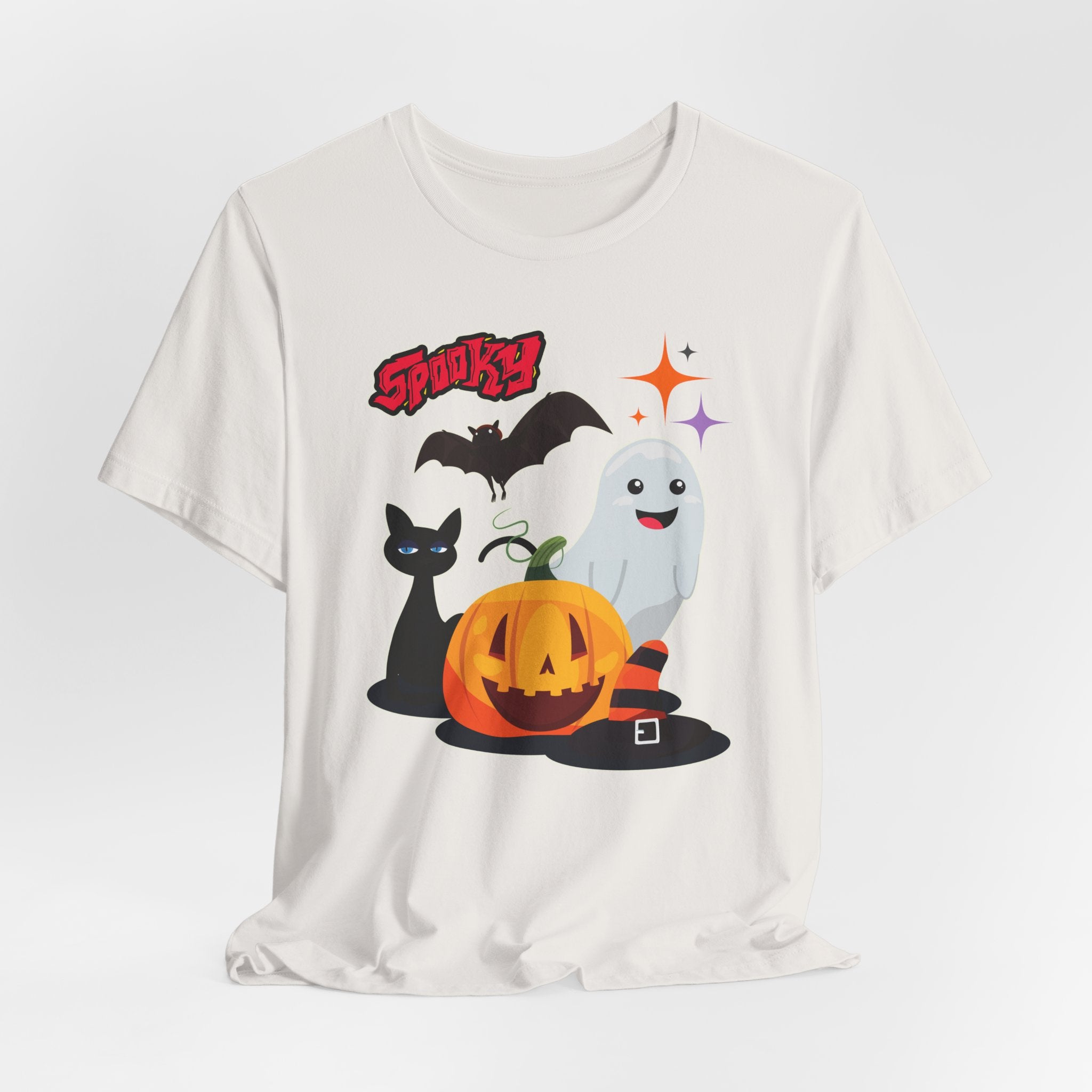 Vintage white t-shirt with Halloween-themed graphics featuring spooky bat, cat, pumping and ghost