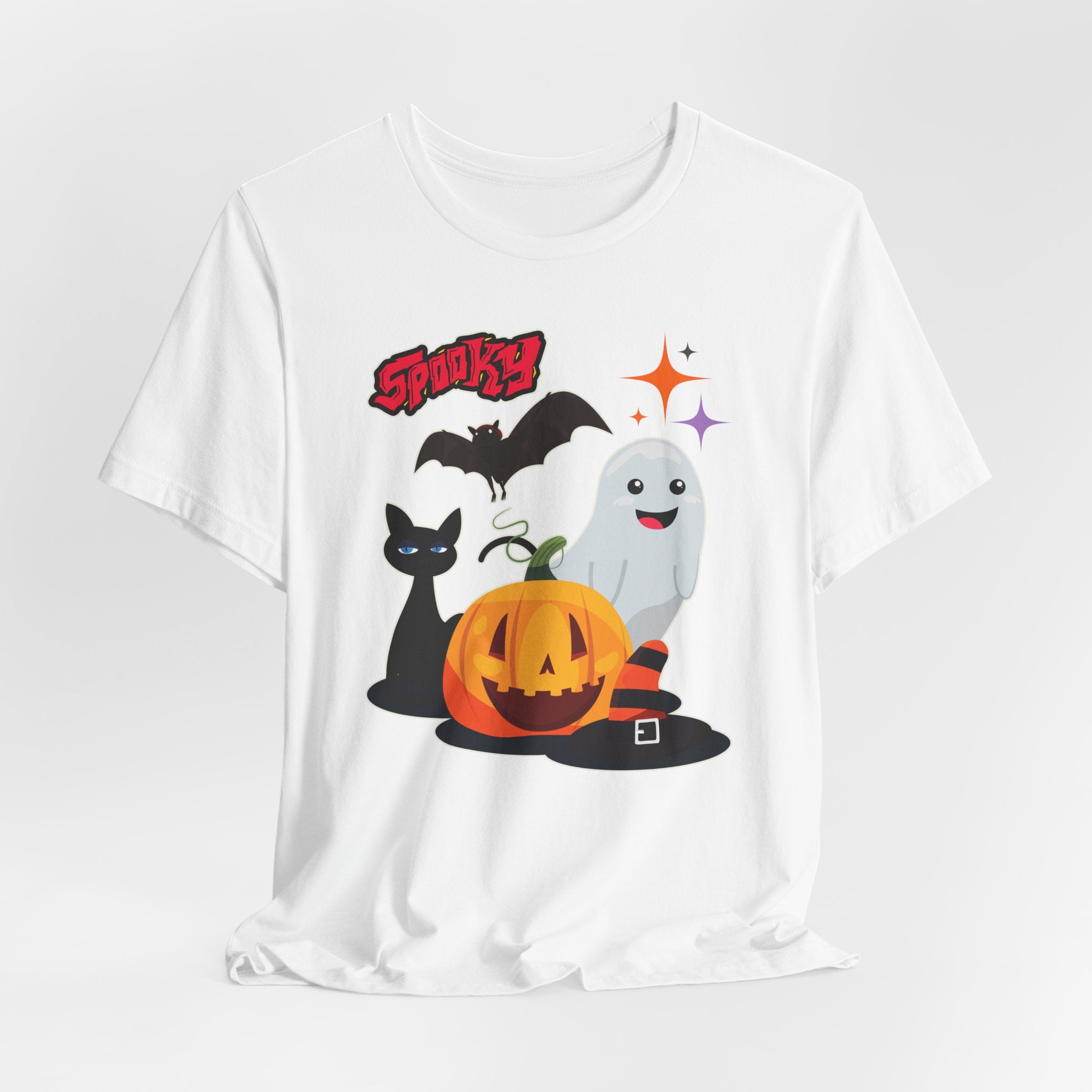 White t-shirt with Halloween-themed graphics featuring spooky bat, cat, pumping and ghost