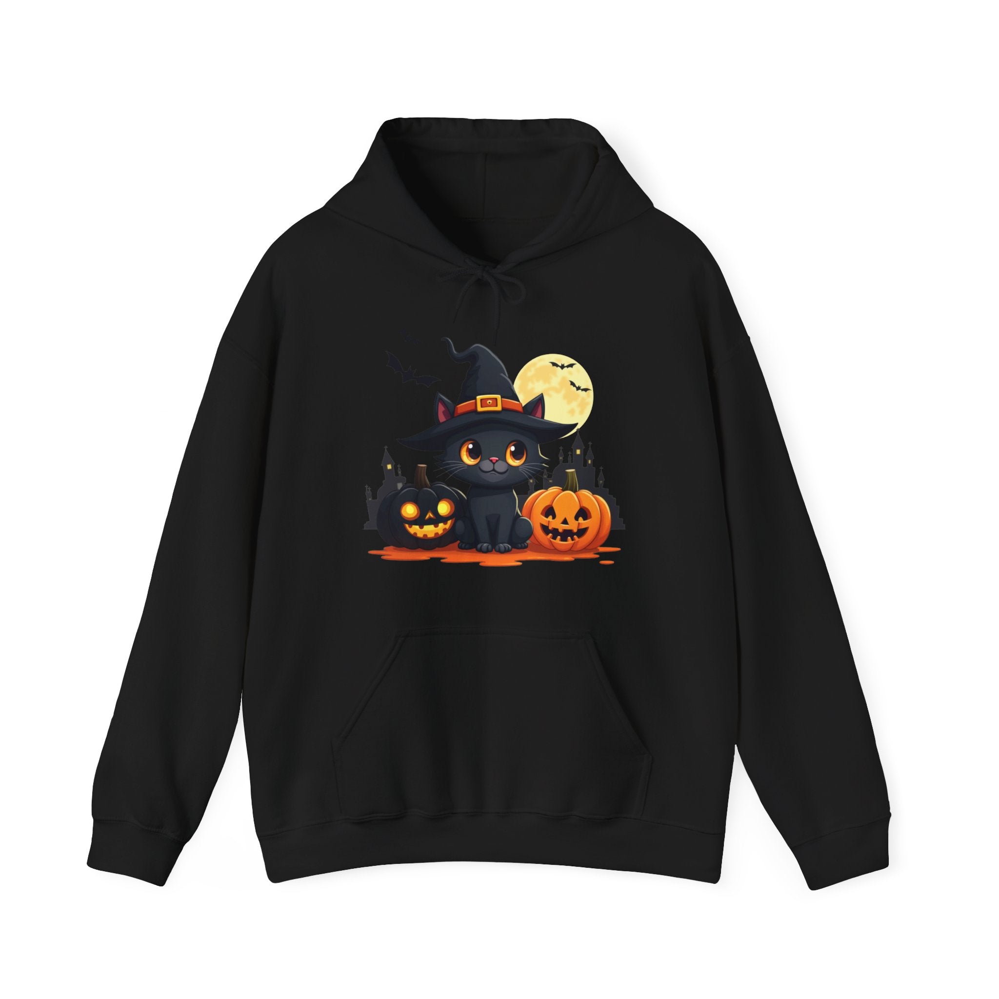 Black hoodie with Halloween-themed design featuring cats, pumpkins, and a witch hat on a white background.