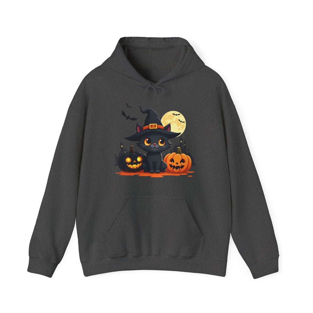 Dark gray hoodie with Halloween-themed design featuring a cat in a witch hat, pumpkins, and a full moon.