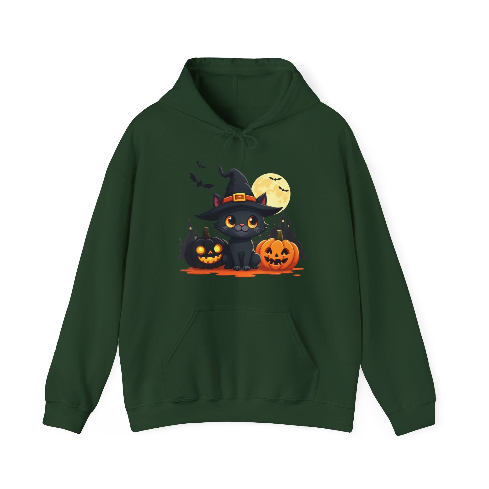 Forest green hoodie with Halloween-themed design featuring a black cat, pumpkins, and a witch hat on a white background.