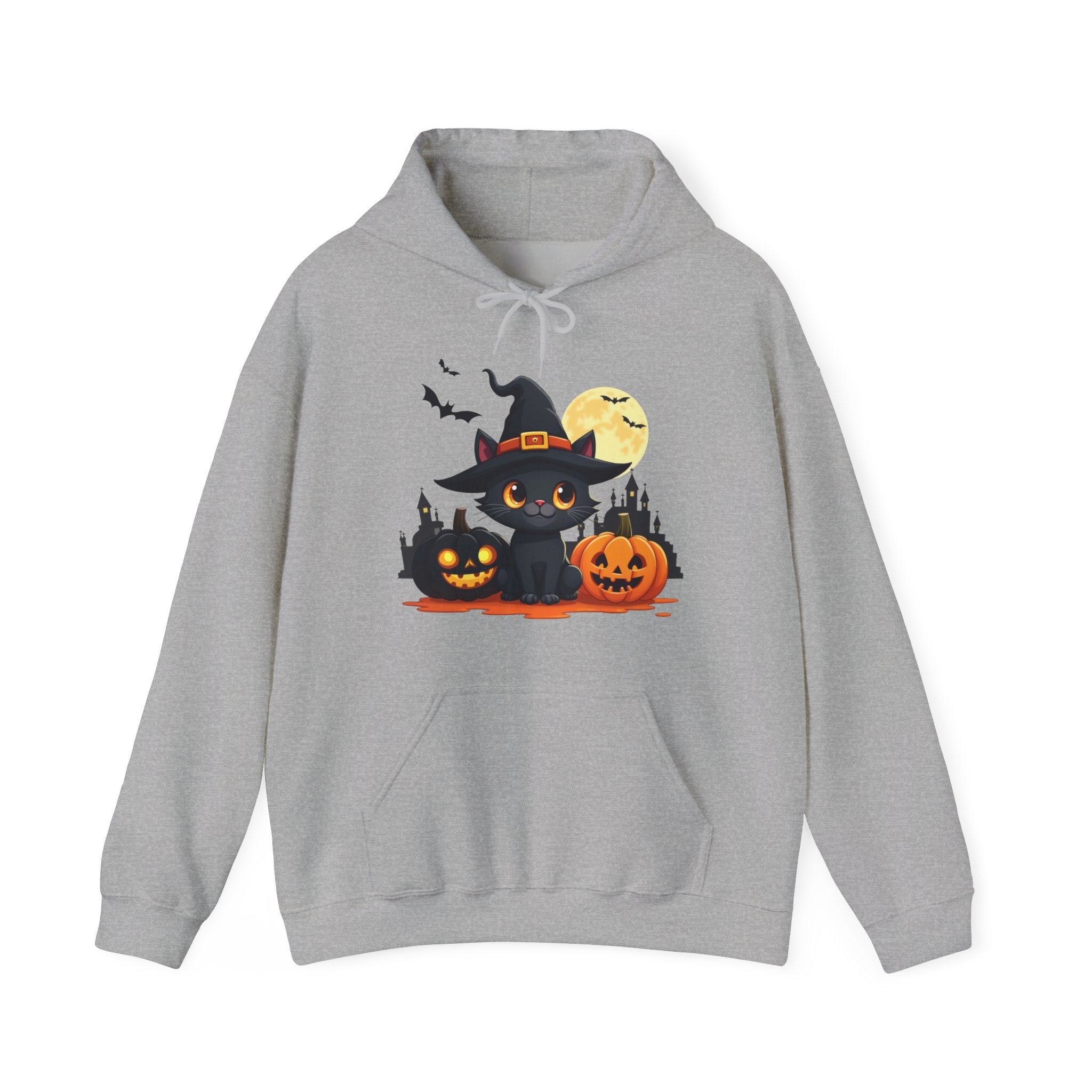 Gray hoodie with Halloween-themed design featuring a black cat in a witch hat, pumpkins, and bats on a white background.