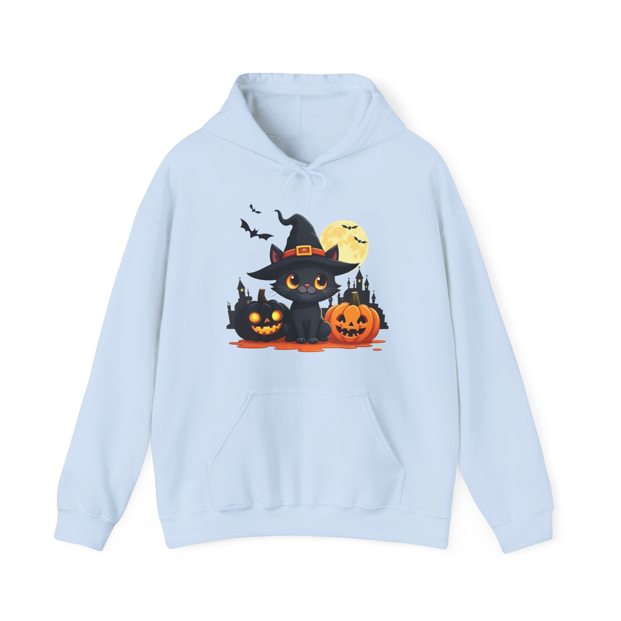 Light blue hoodie with Halloween-themed design featuring a black cat in a witch hat, pumpkins, and bats on a white background.