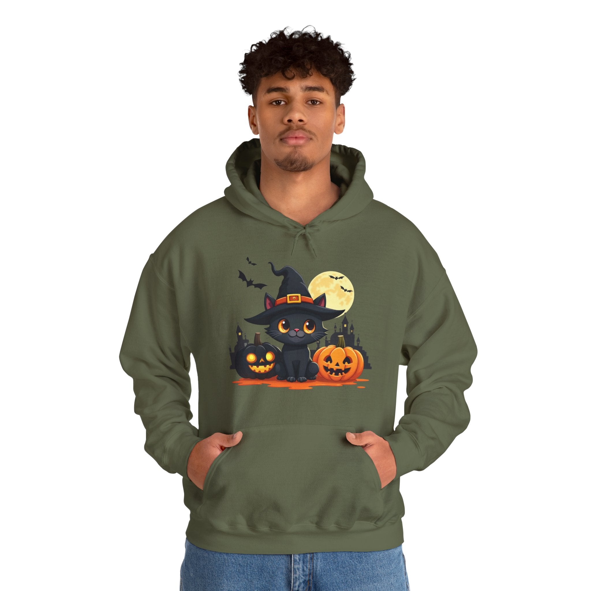 Person wearing a green hoodie with Halloween design on a white background