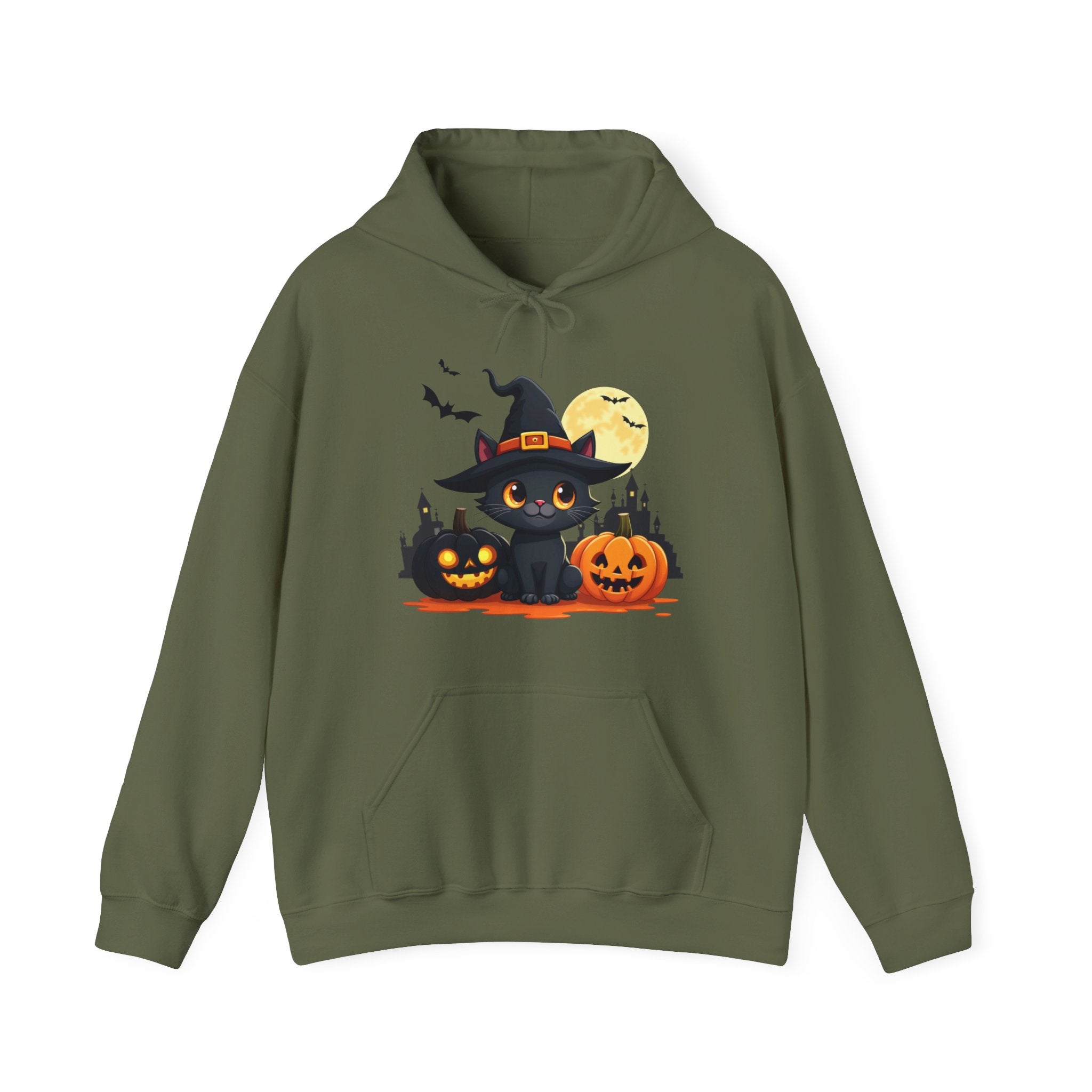 Military green hoodie with Halloween-themed design featuring a black cat in a witch hat, pumpkins, and bats on a white background.