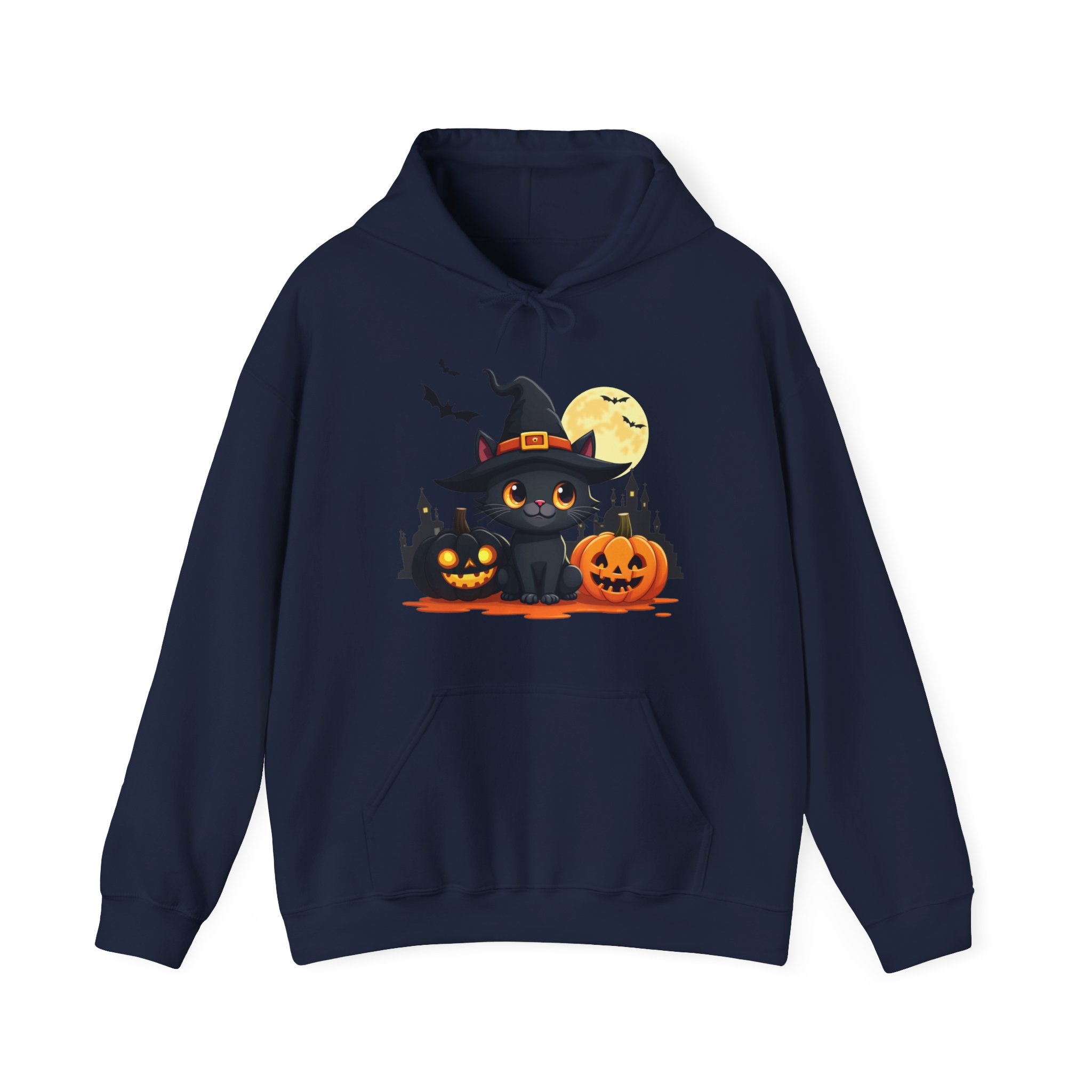 Navy blue hoodie with Halloween-themed design featuring a black cat in a witch hat, pumpkins, and a full moon on a white background.
