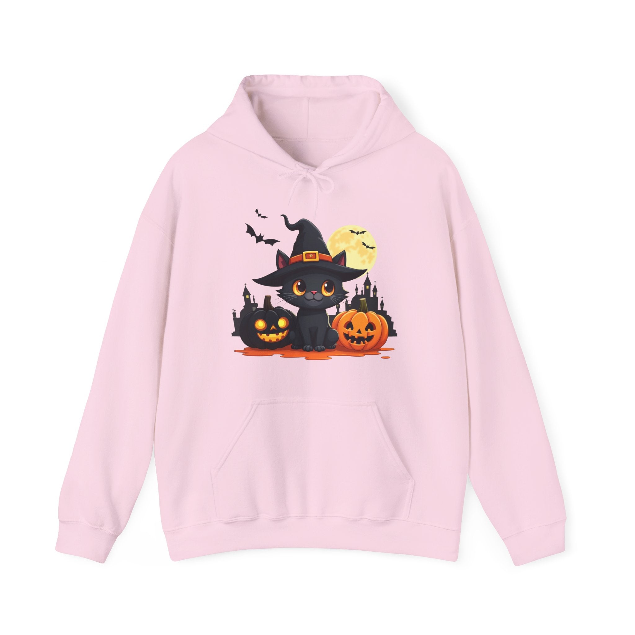 Pink hoodie with Halloween-themed design featuring a black cat, pumpkins, and bats on a white background.