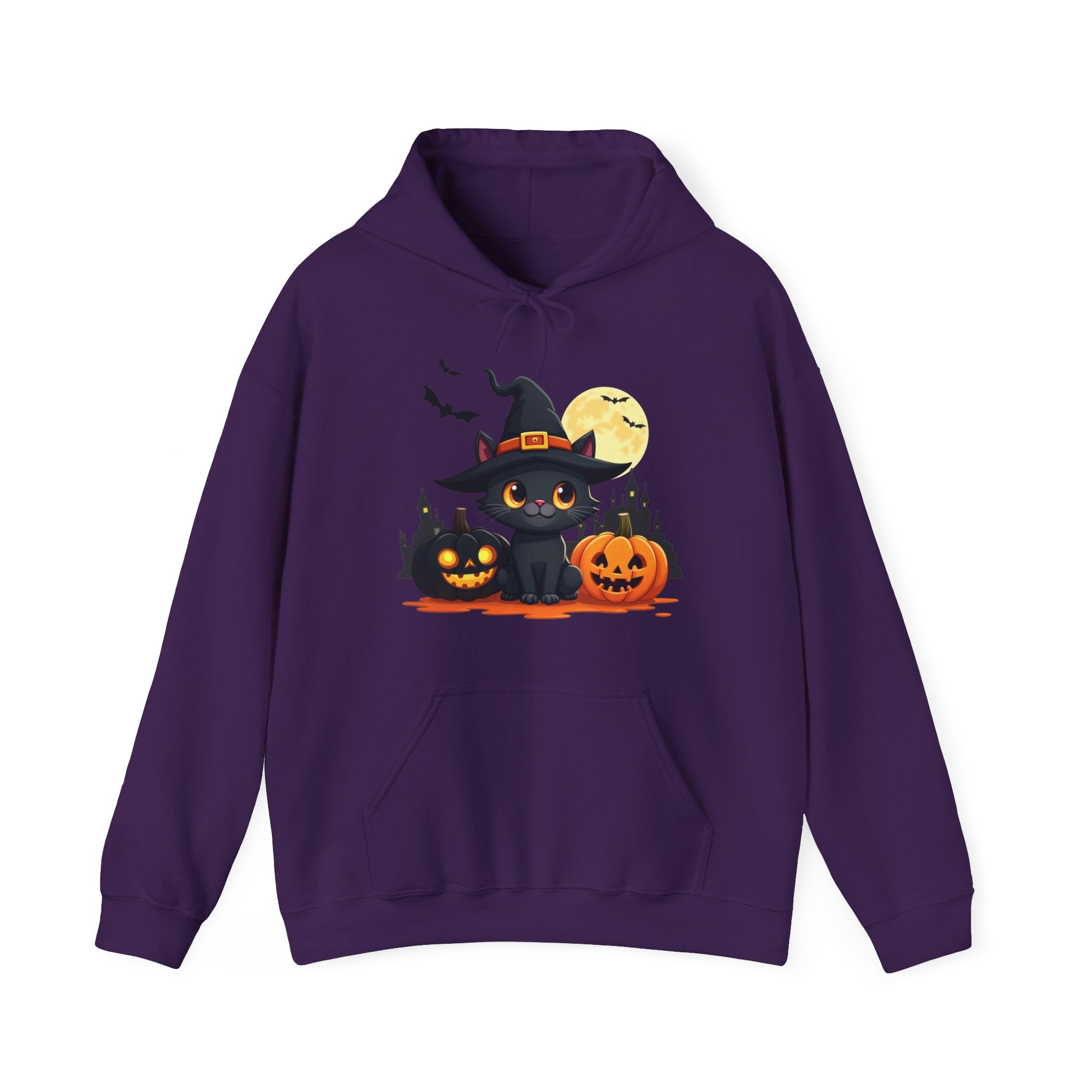 Purple hoodie with Halloween-themed design featuring a black cat in a witch hat and pumpkins on a white background.