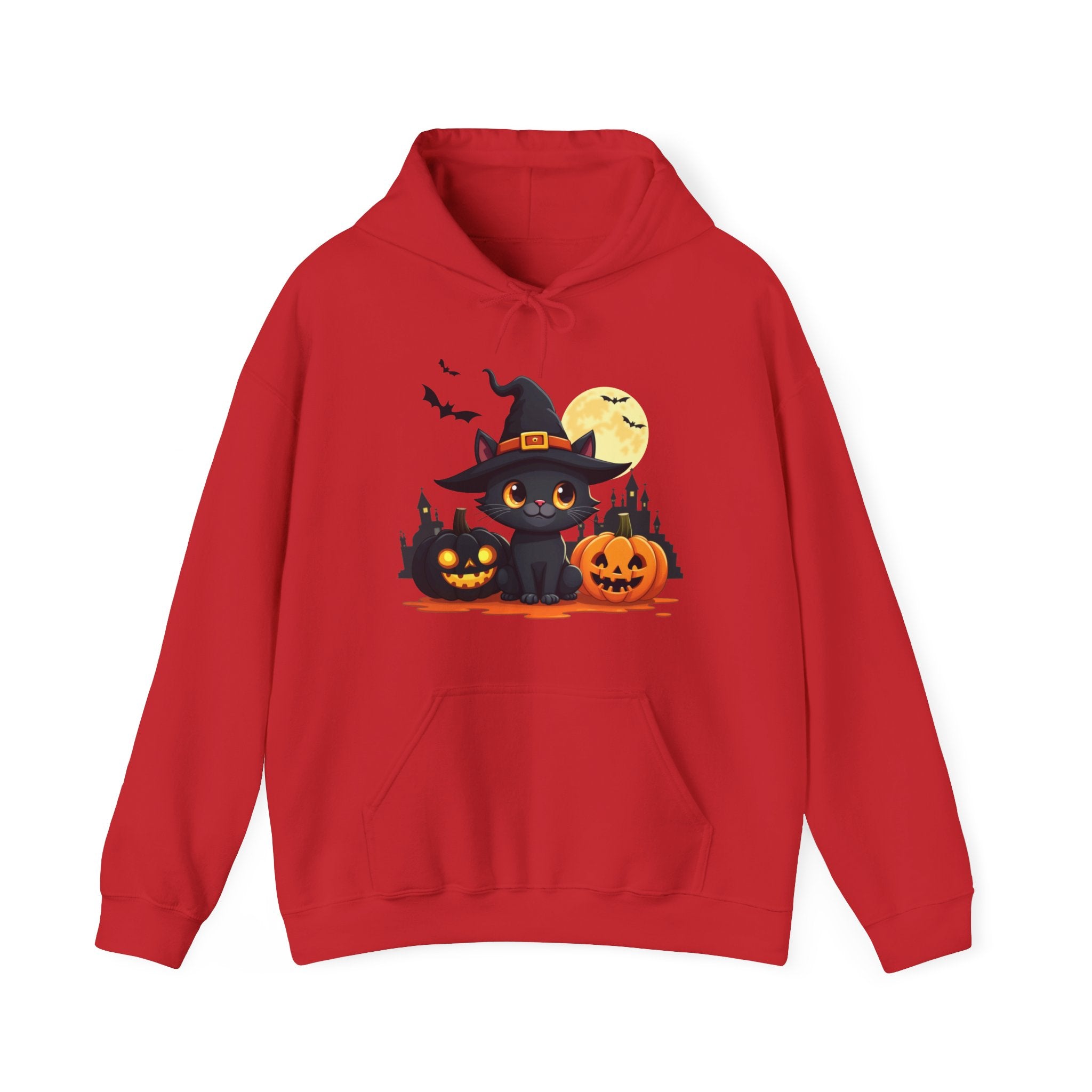 Red hoodie with Halloween-themed design featuring a black cat in a witch hat, pumpkins, and bats on a white background.