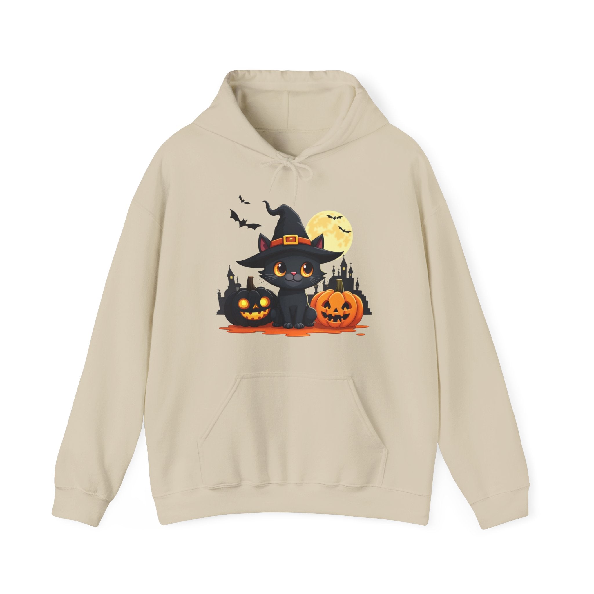 Beige hoodie with Halloween-themed design featuring a black cat in a witch hat and pumpkins on a white background.