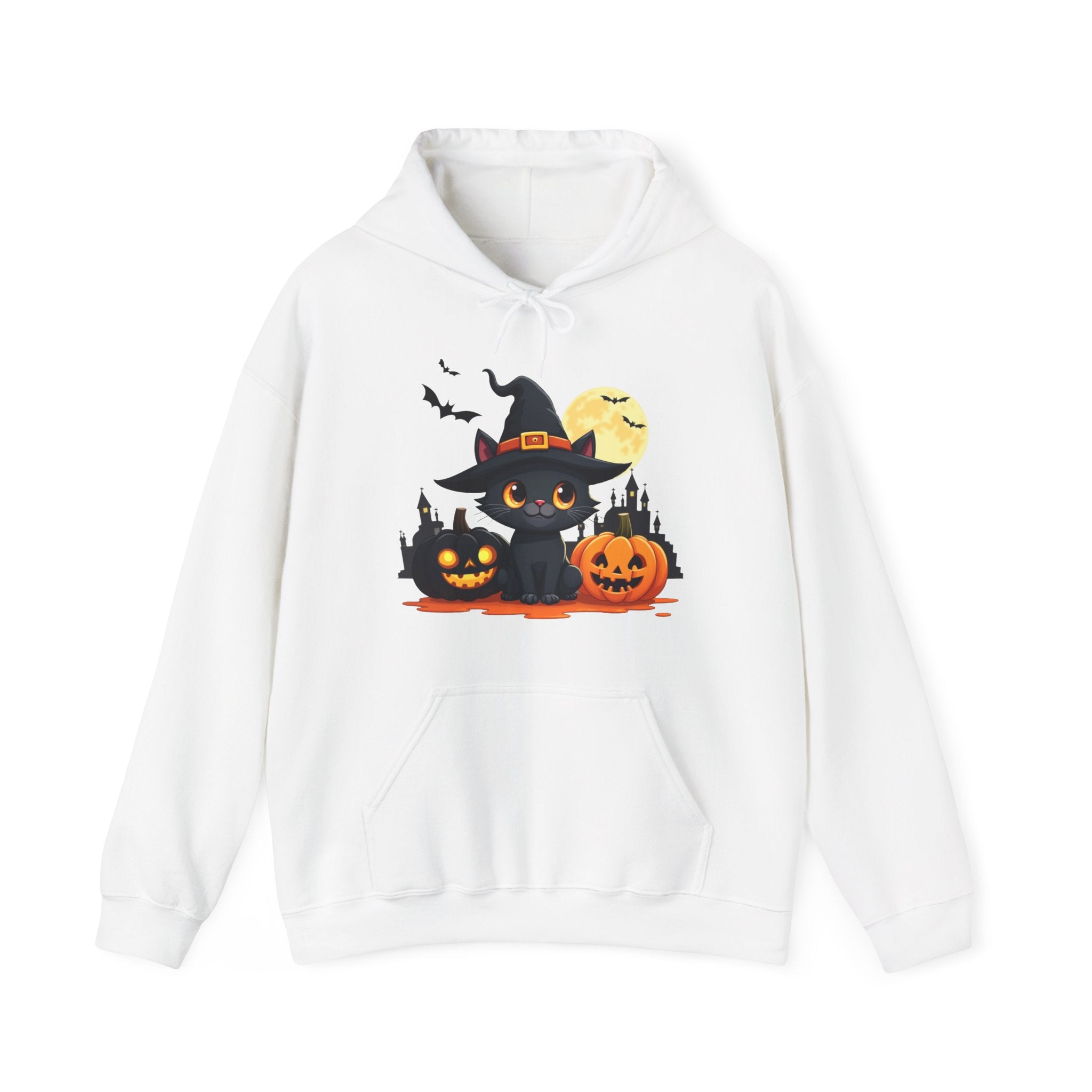 White hoodie with Halloween-themed design featuring a black cat in a witch hat, pumpkins, and bats on a white background.