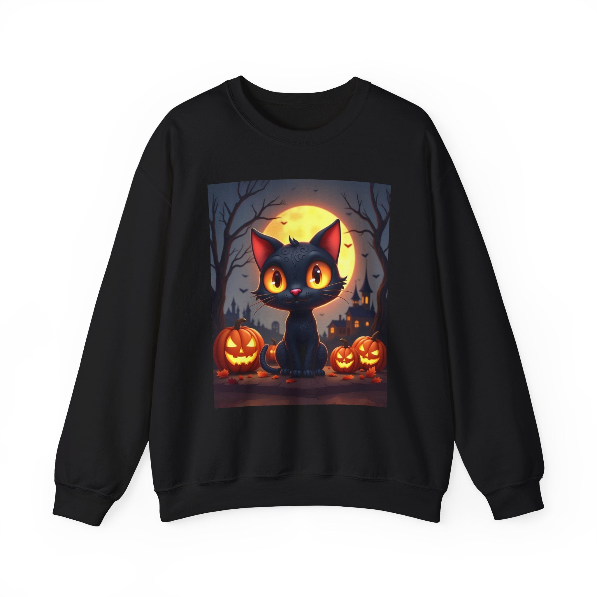 Black sweatshirt with a Halloween-themed design of a cat and pumpkins on a white background