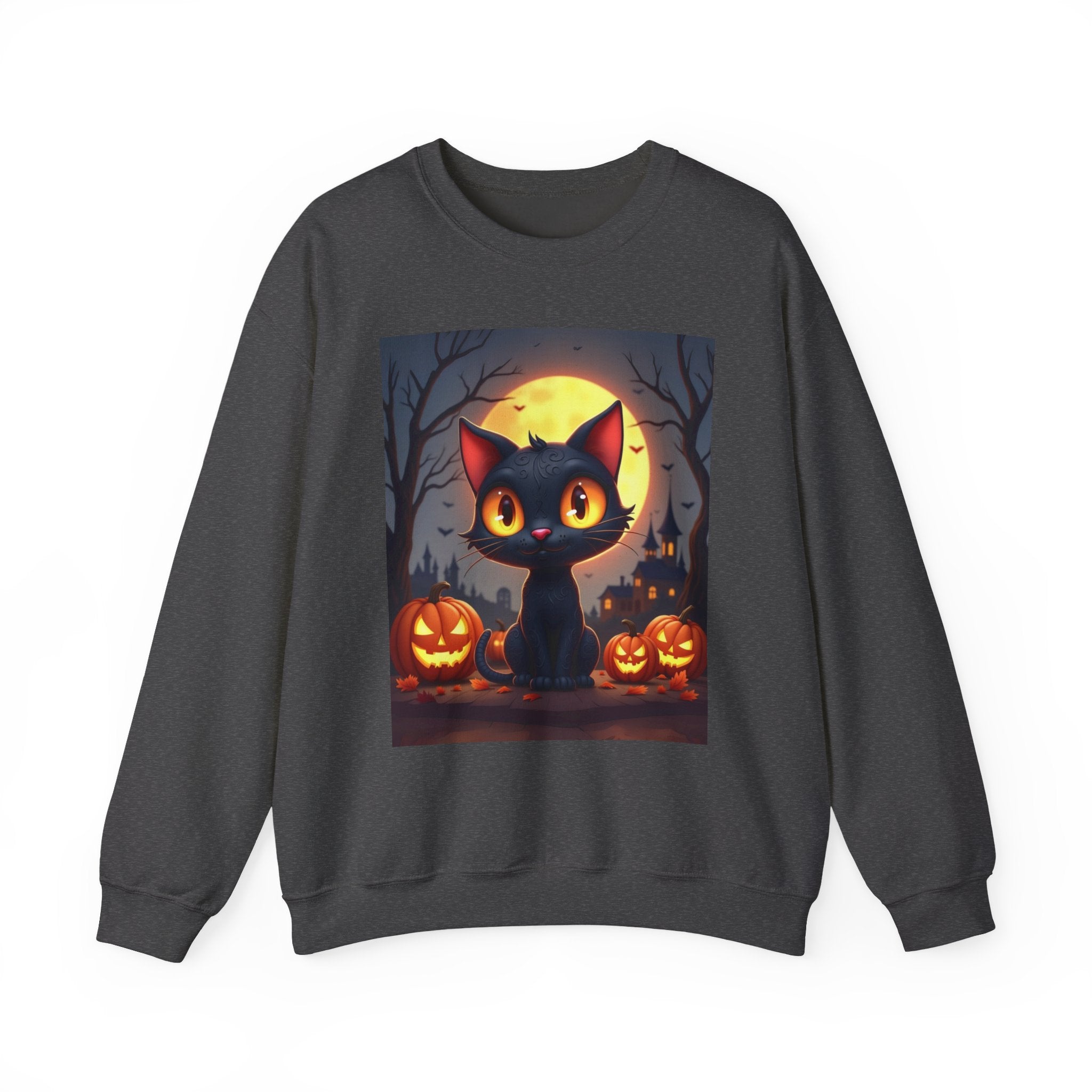 Dark gray sweatshirt with a Halloween-themed design of a black cat and pumpkins on a white background