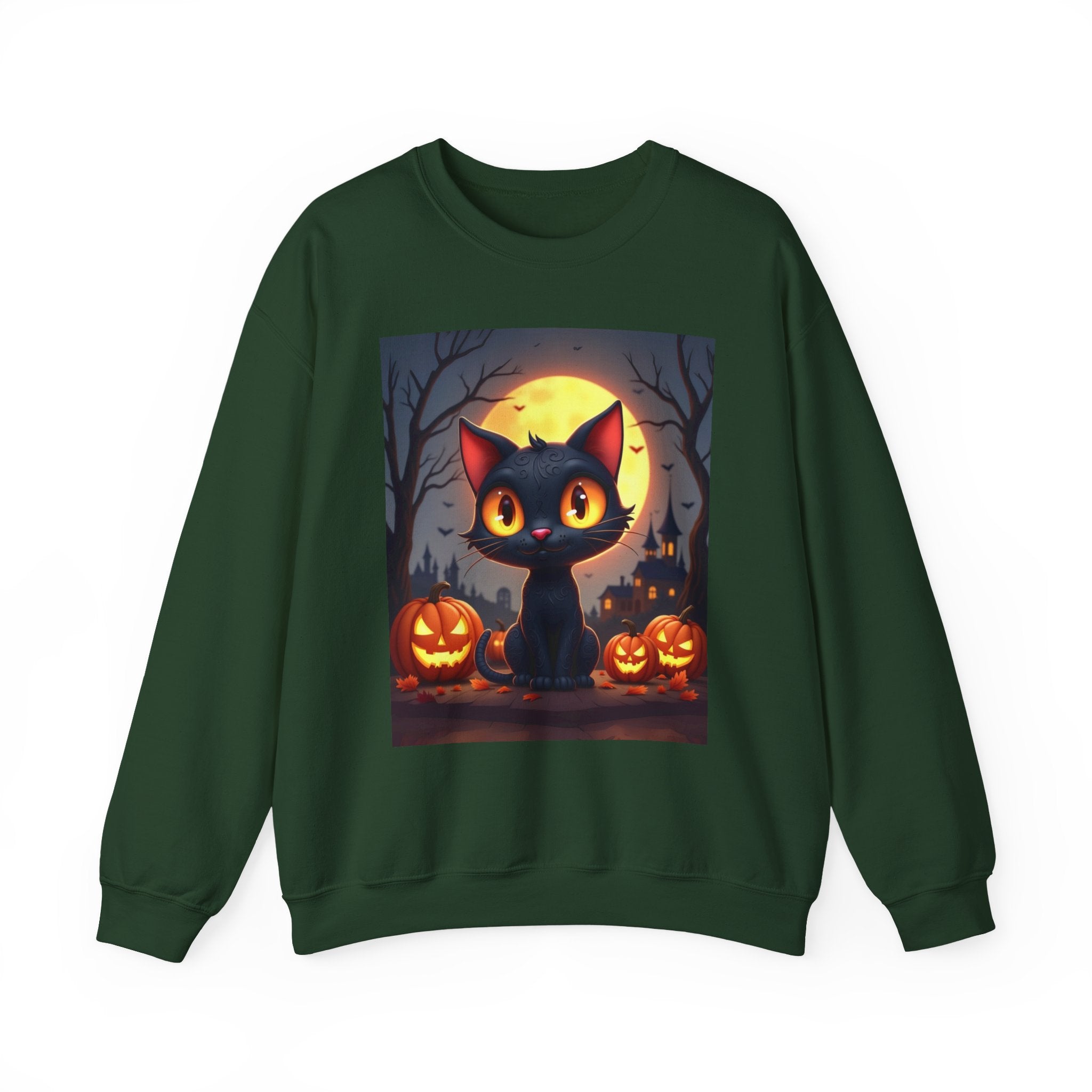 Forest green sweatshirt with a Halloween-themed design of a black cat and pumpkins on a white background