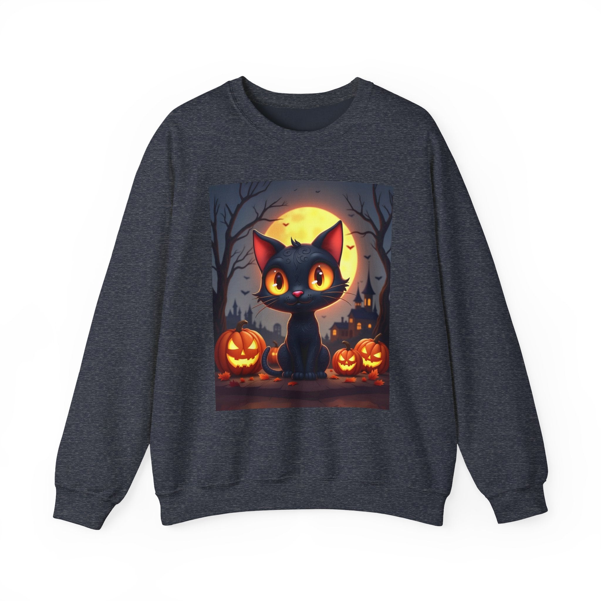 Heather gray sweatshirt with a Halloween-themed design of a black cat and pumpkins on a white background