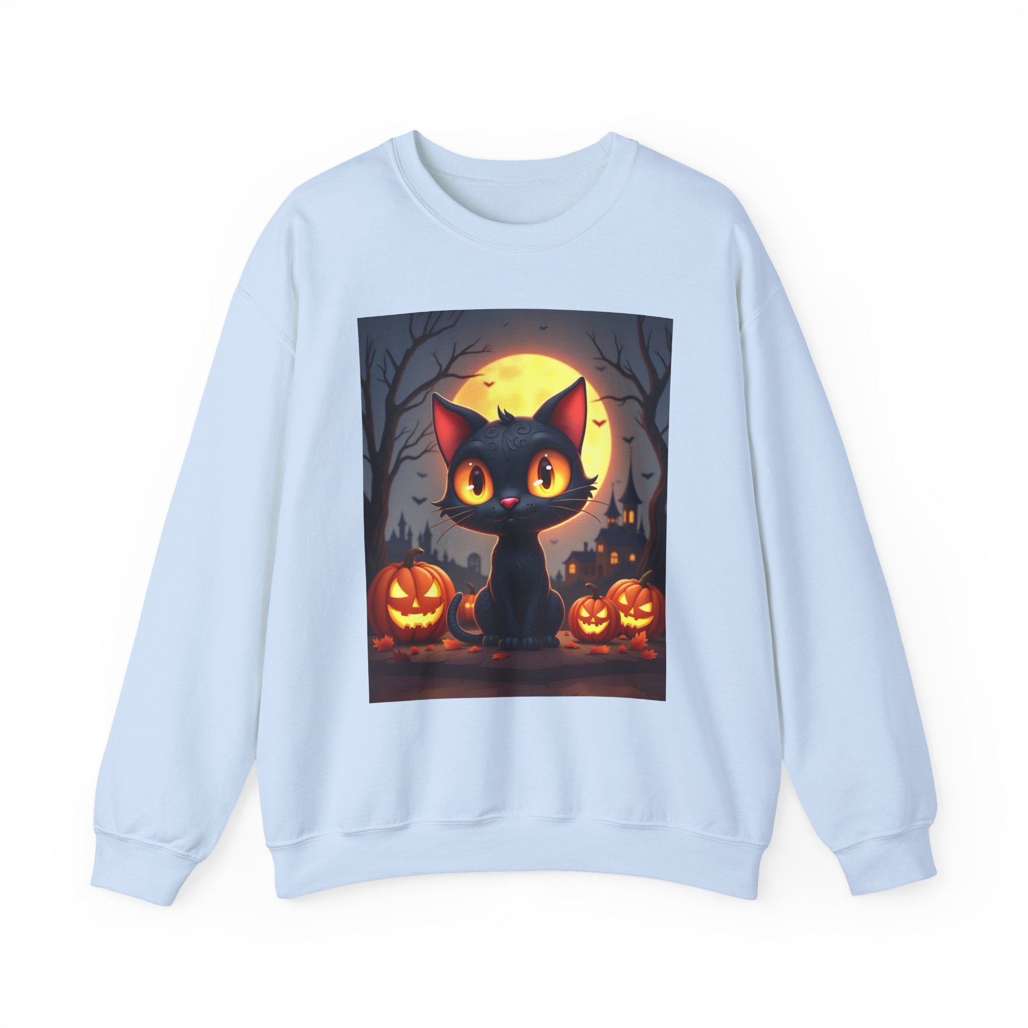 Light blue sweatshirt with a Halloween-themed black cat graphic on a white background