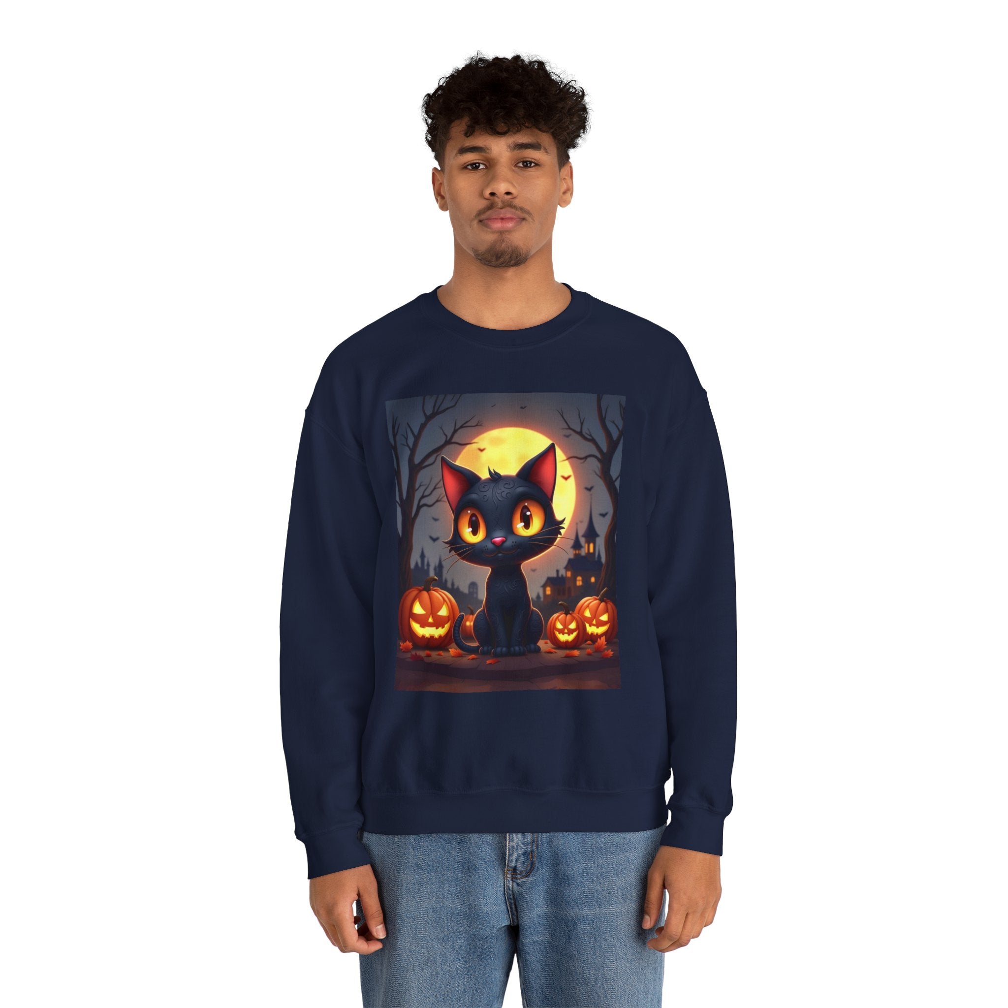 Person wearing a navy blue sweatshirt with a Halloween-themed design featuring a black cat and pumpkins.