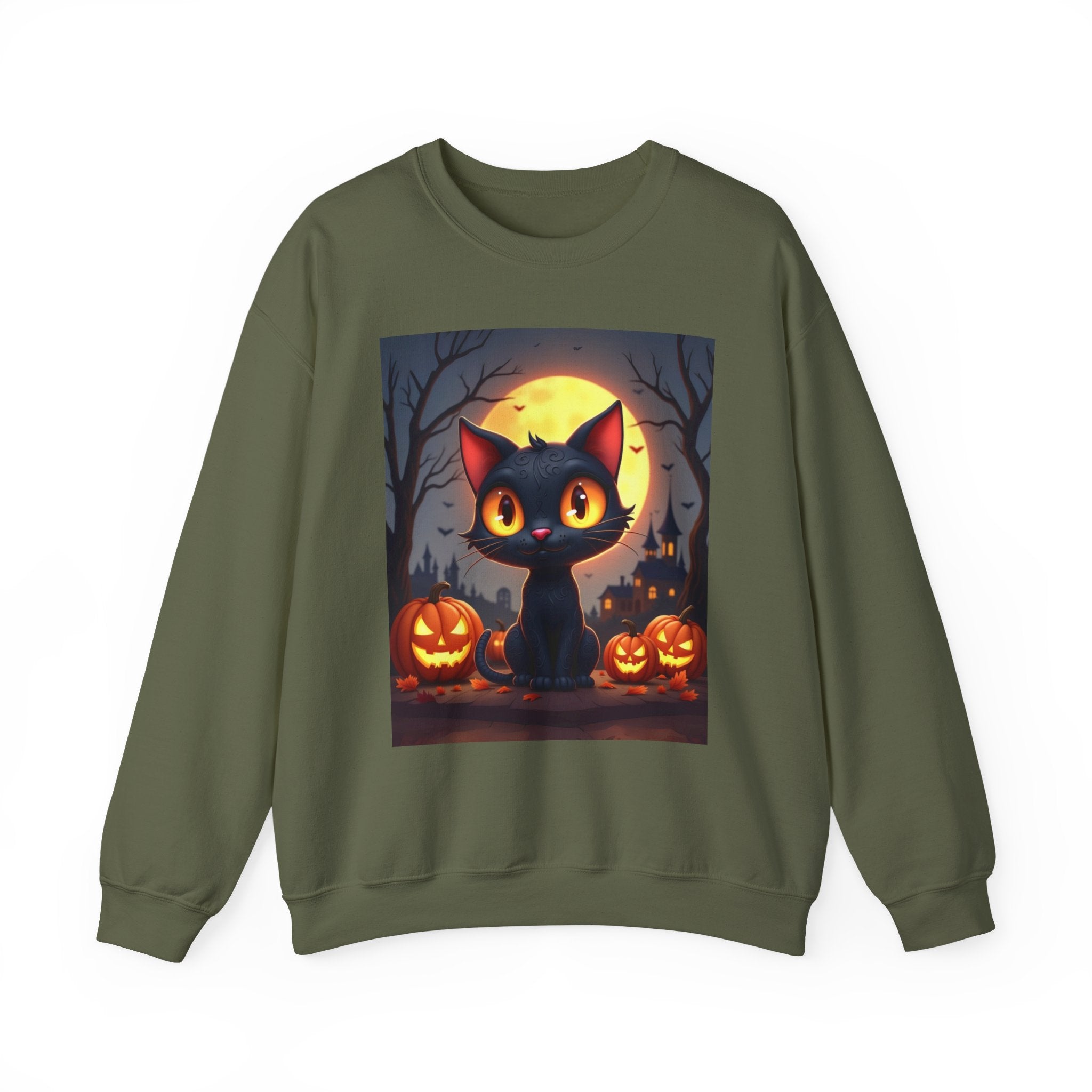 Military green sweatshirt with a Halloween-themed design of a black cat and pumpkins on a white background